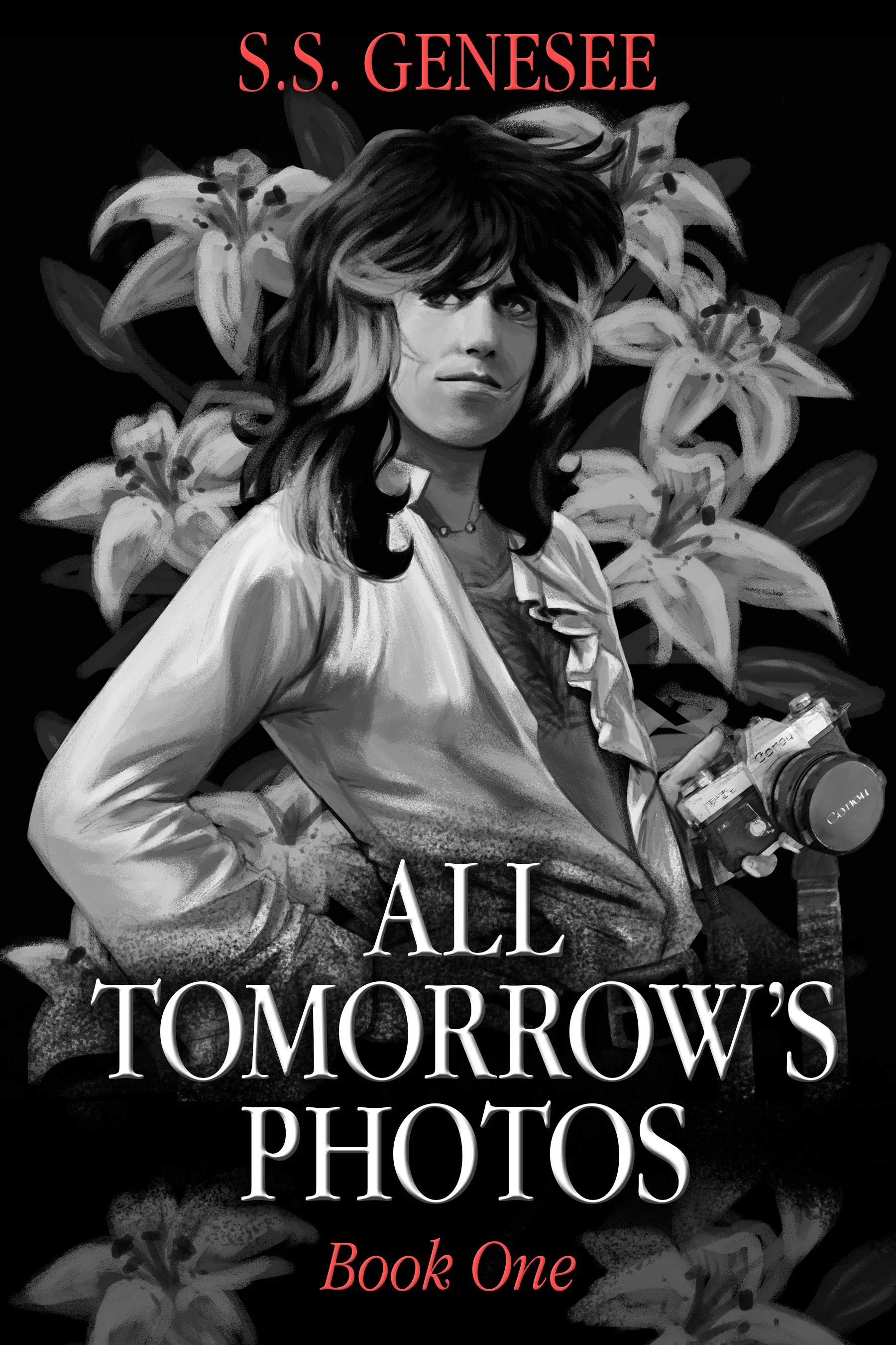 Black and white book cover featuring a woman with dark hair holding a camera, surrounded by lilies. The text on the cover reads "S.S. Genesee" at the top and "All Tomorrow's Photos" with "Book One" at the bottom.