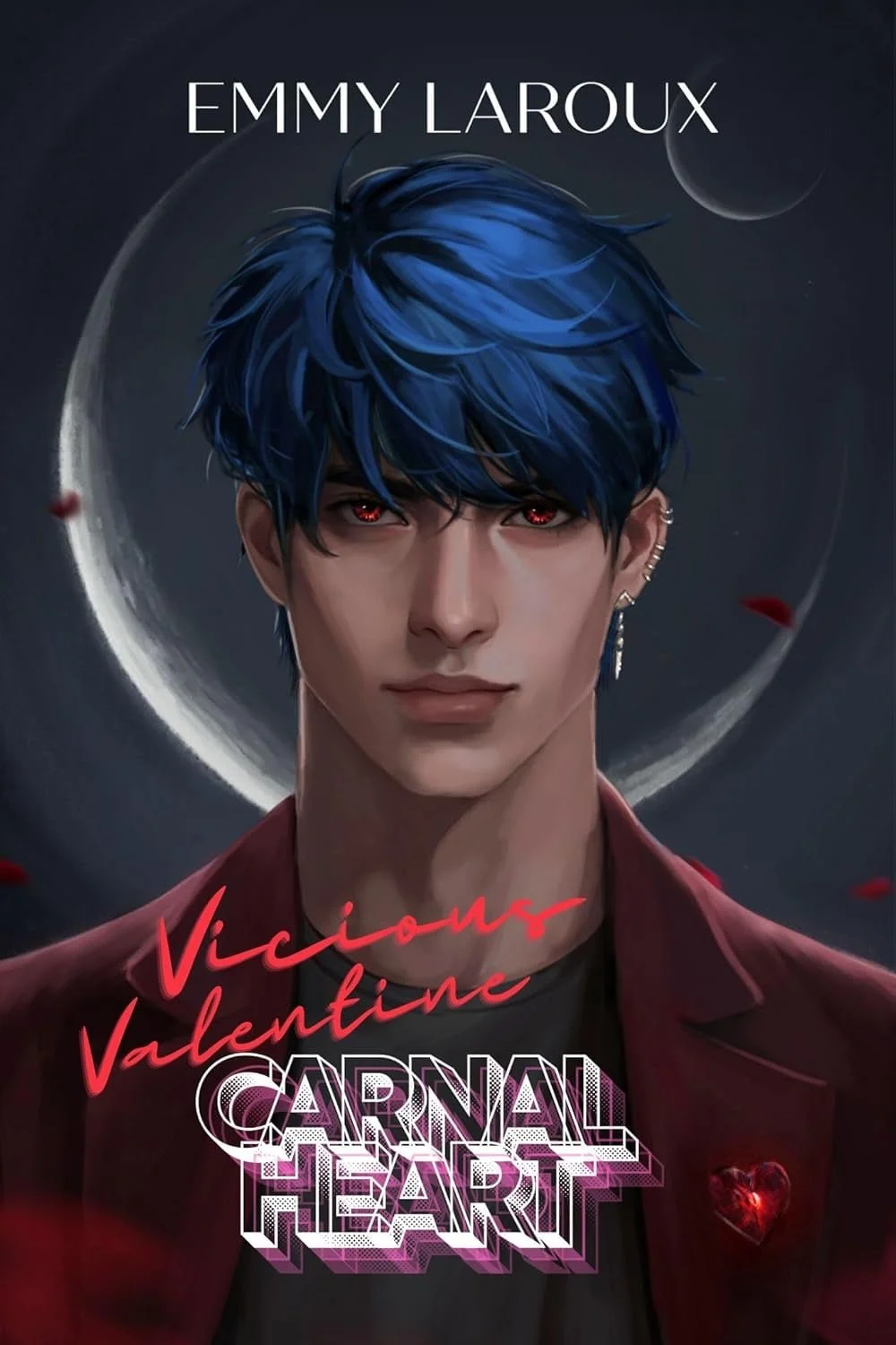 Book cover for "Valentine Carnival Heart" by Emmy Laroux featuring a young man with blue hair and red eyes, dark background with planets and red rose petals.