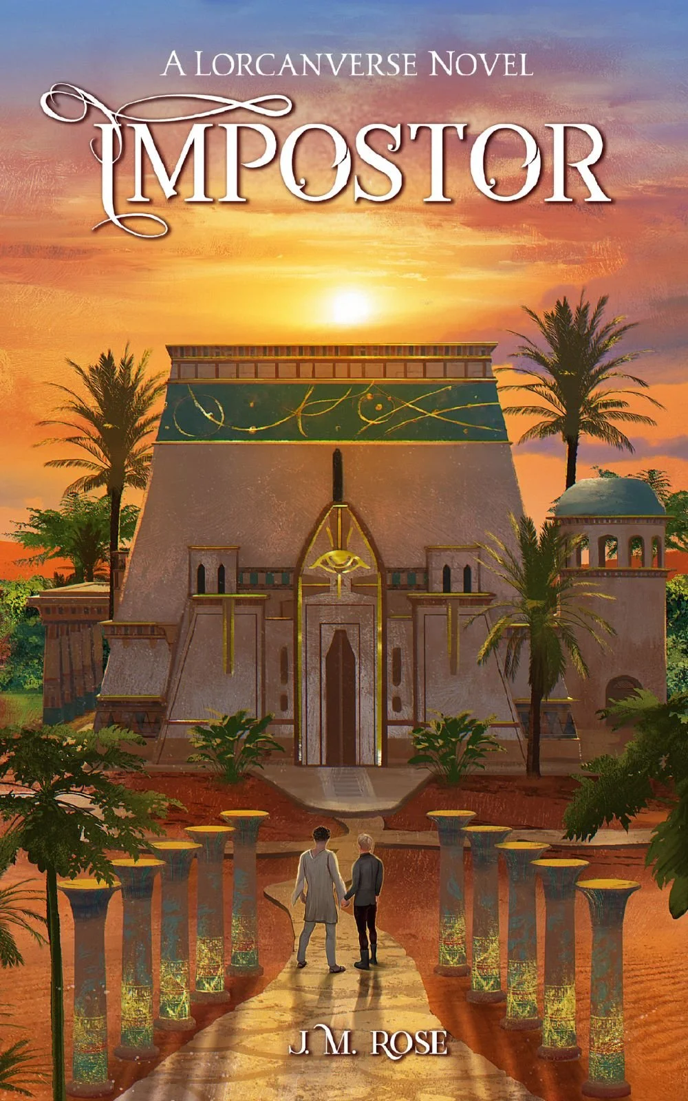 Book cover titled 'Impostor' by J. M. Rose showing a palace with a sunset, palm trees, and two figures walking towards the palace entrance.