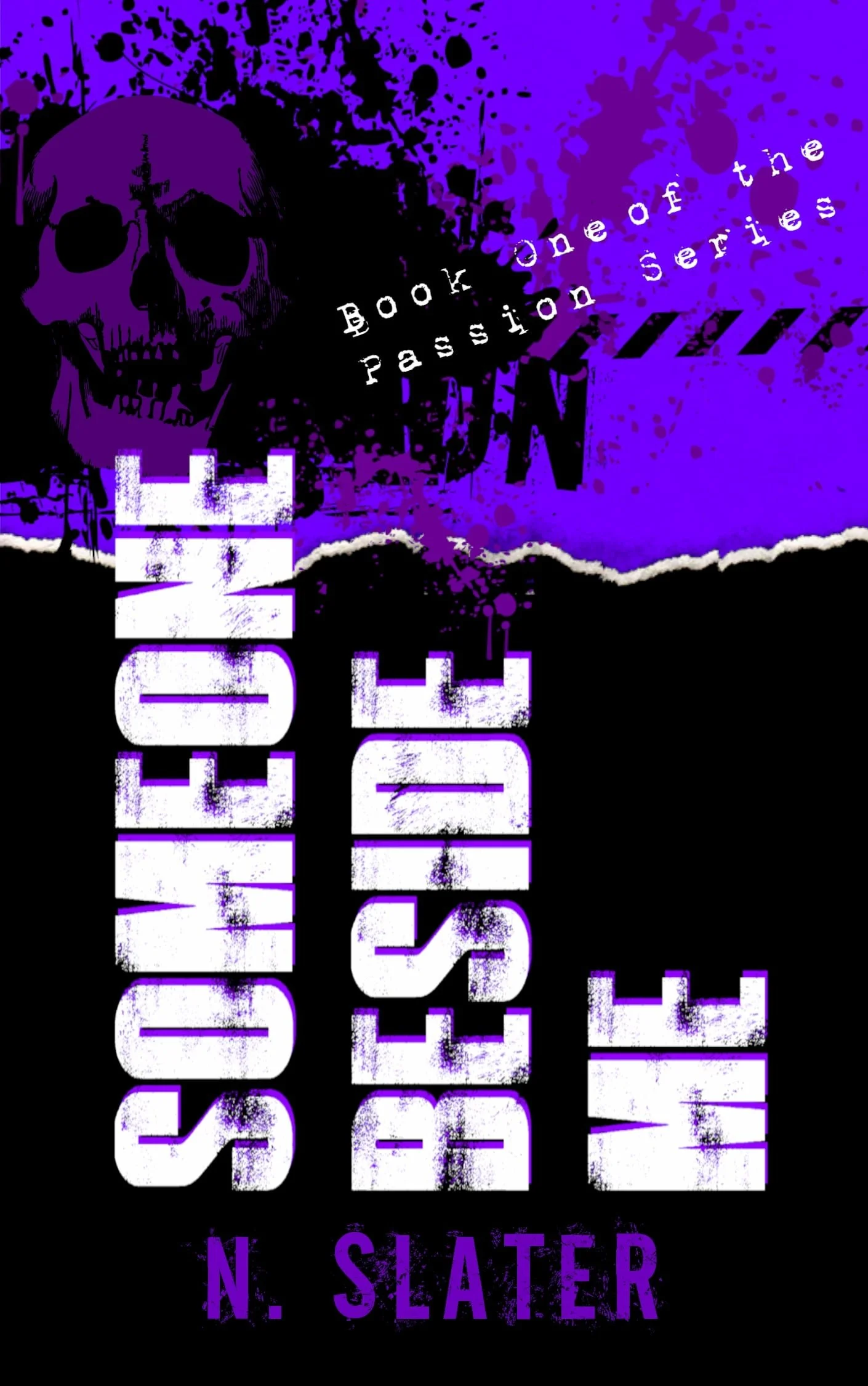 The cover of a book titled 'The Silence of the Blood' by N. Slater. The background is black with splashes of purple and blue, featuring a large skull graphic. The title is displayed in large distressed white and purple text, with the author's name in purple at the bottom.
