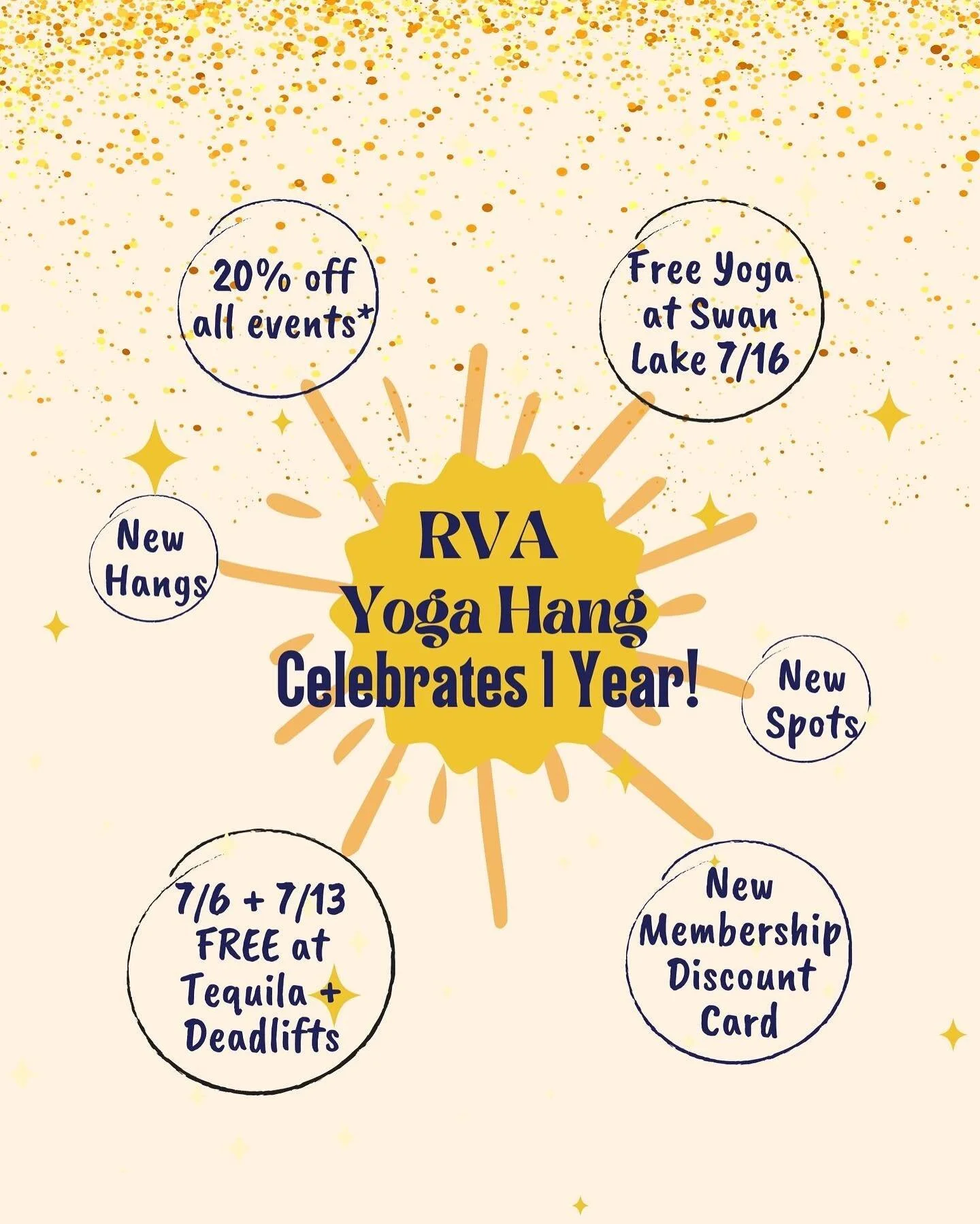 Happy birthday to RVA Yoga Hang!!! (Read my love letter below or tldr:) To celebrate 
🥳 20% off all tickets (except 8/23)!! Use &lsquo;BDAY&rsquo; at check out. 
🌳 FREE YOGA at Swan Lake on 7/16! 
💪 FREE Thursday 7/6 + 7/13 at our new weekly spot,