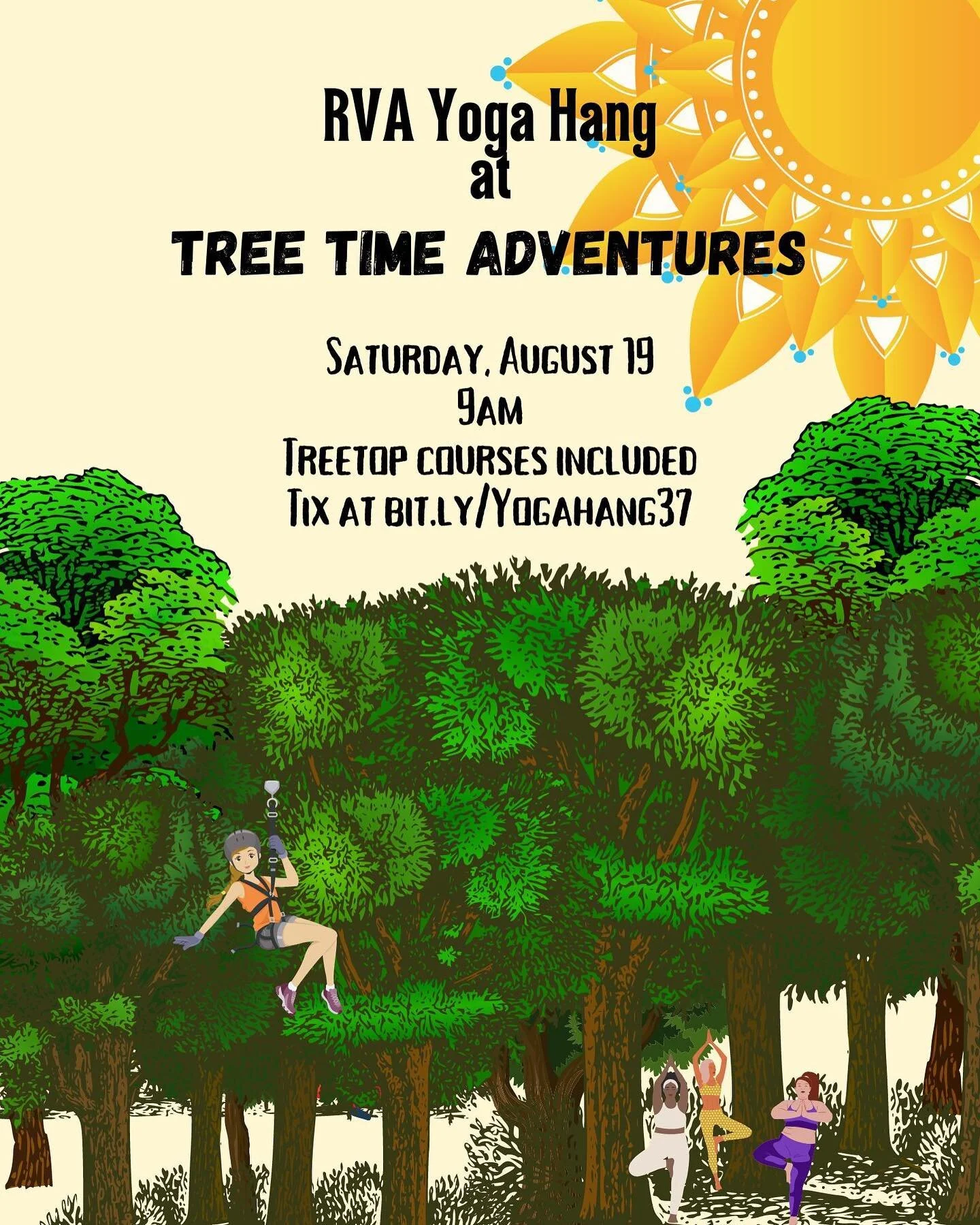 📣NEW HANG ANNOUNCEMENT! We&rsquo;re going adventuring in the trees! Join us at @treetimeadventures for an hour of yoga in the woods and 2 hours of safe and exciting tree top ropes courses and zip lines! 

🎟️ bit.ly/Yogahang37
Tickets include yoga, 