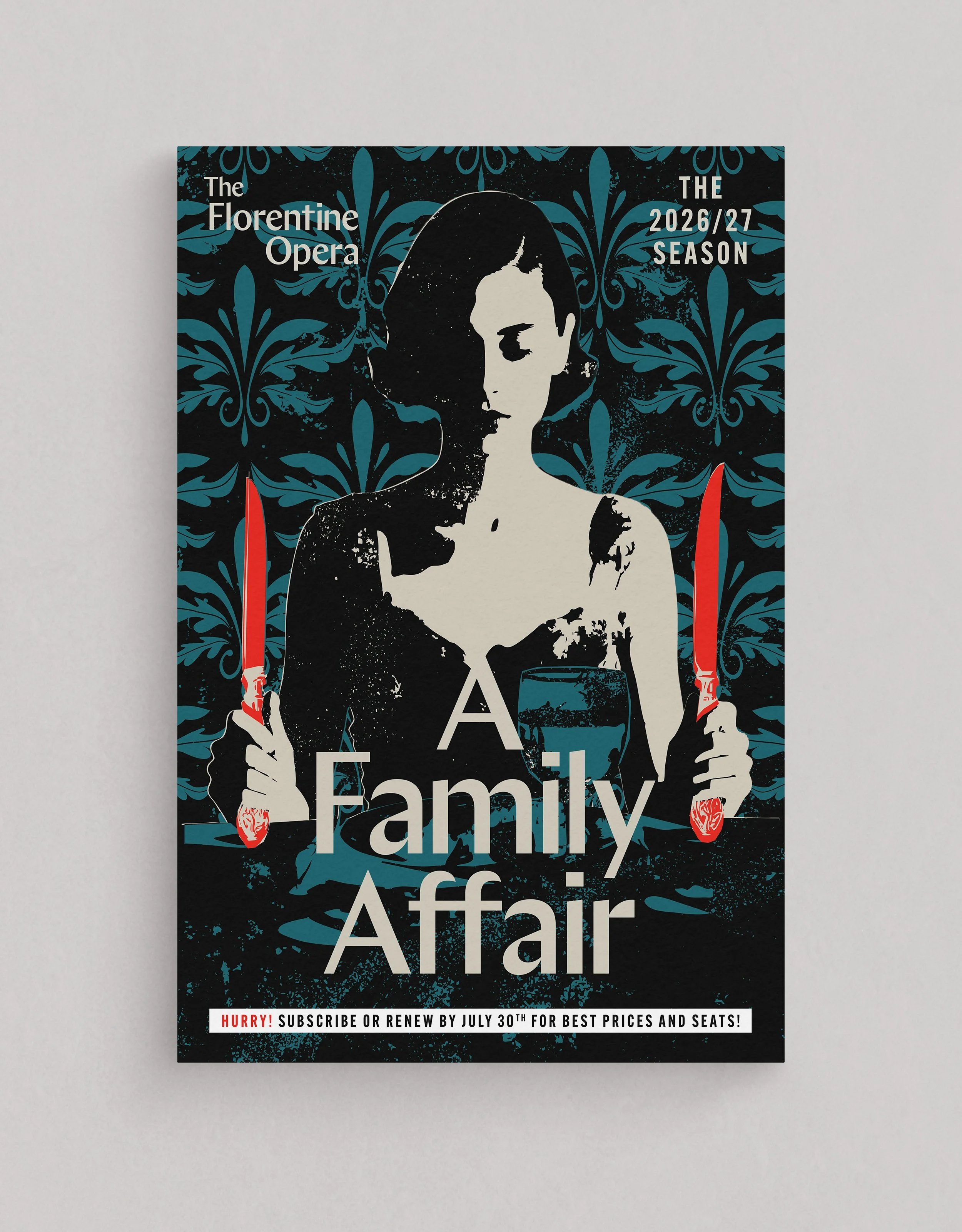 A promotional poster for The Florentine Opera's 2026/27 season featuring a stylized woman holding two red knives, with a blue floral pattern background and white text about subscription renewals.