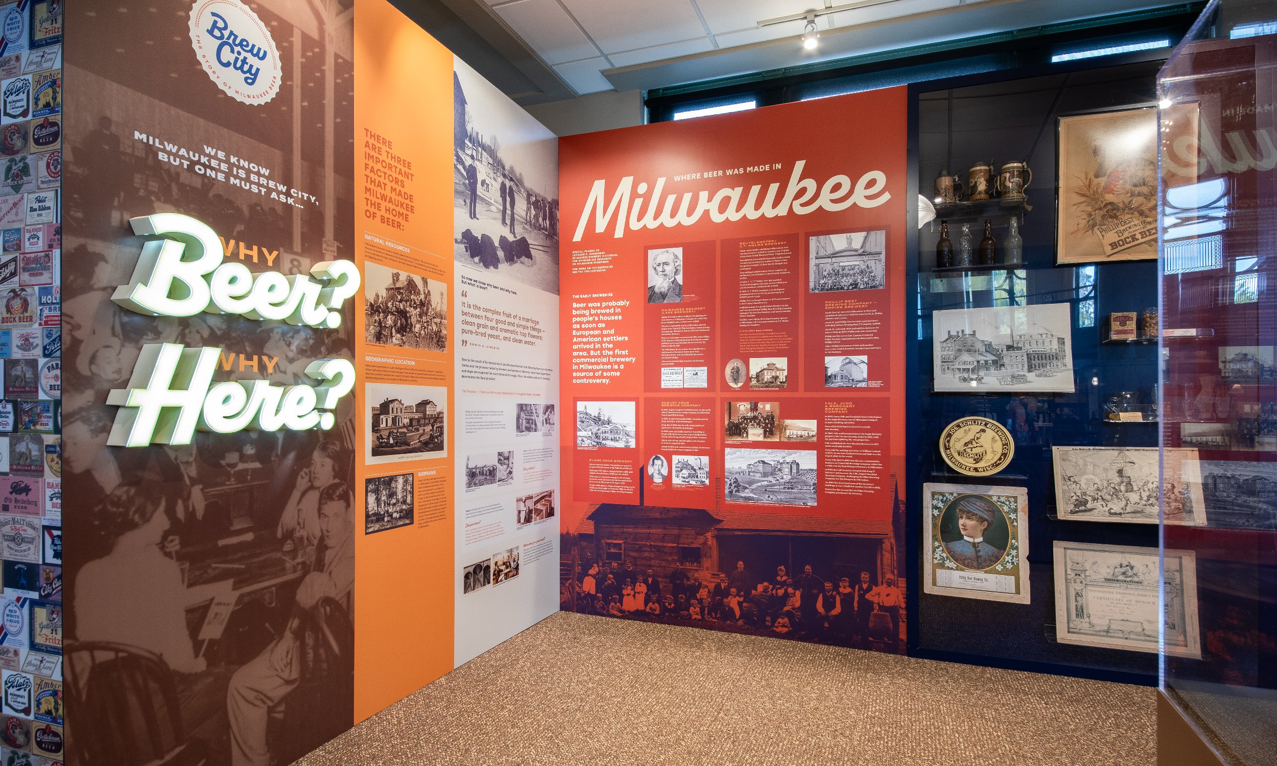 Exhibit display about Milwaukee's brewing history, featuring historical photos, text panels, brewery artifacts, and memorabilia in a museum setting.