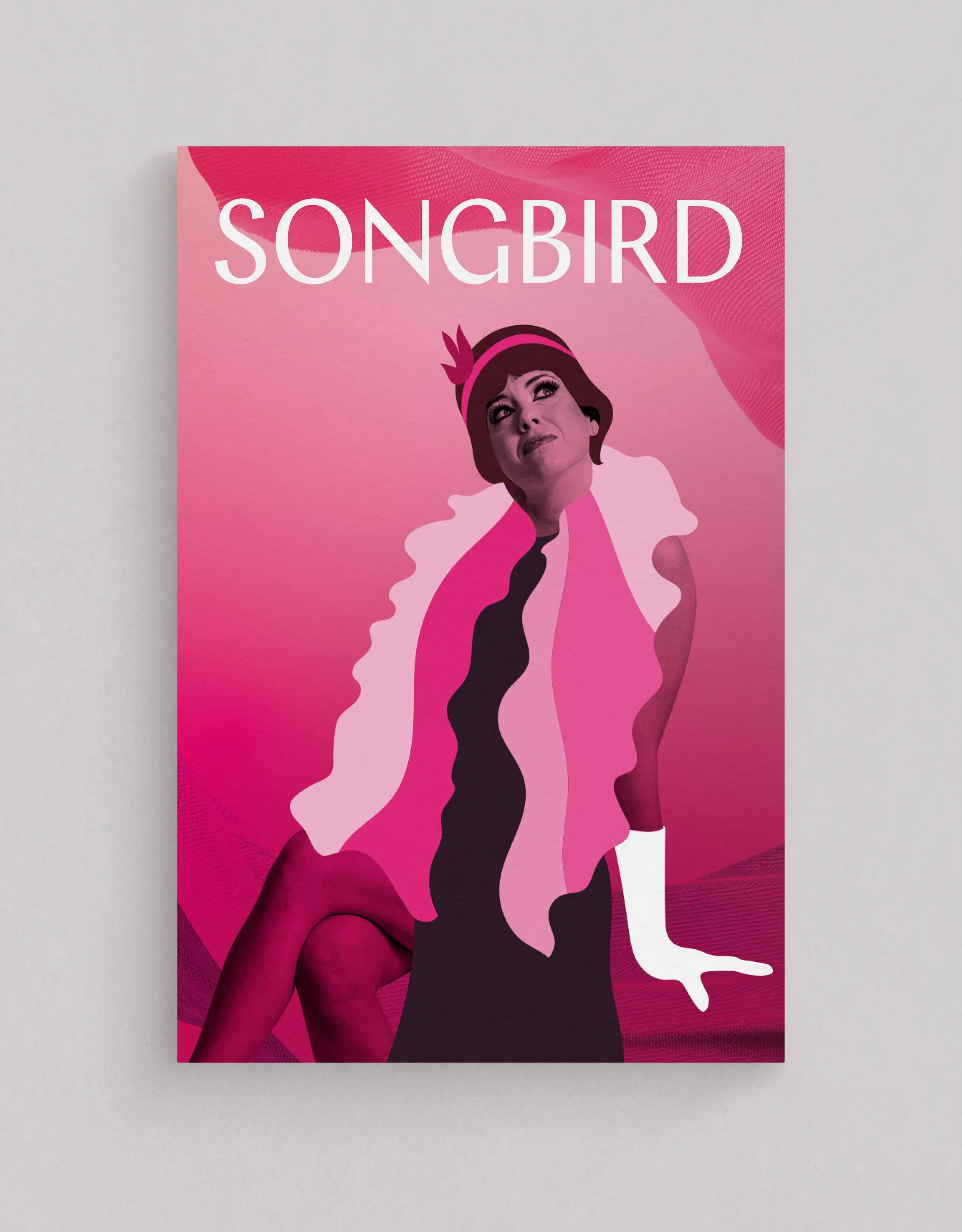 Pink and black poster with the word 'SONGBIRD' at the top, a stylized illustration of a woman with a headscarf, and a partially visible hand holding a pen or marker.