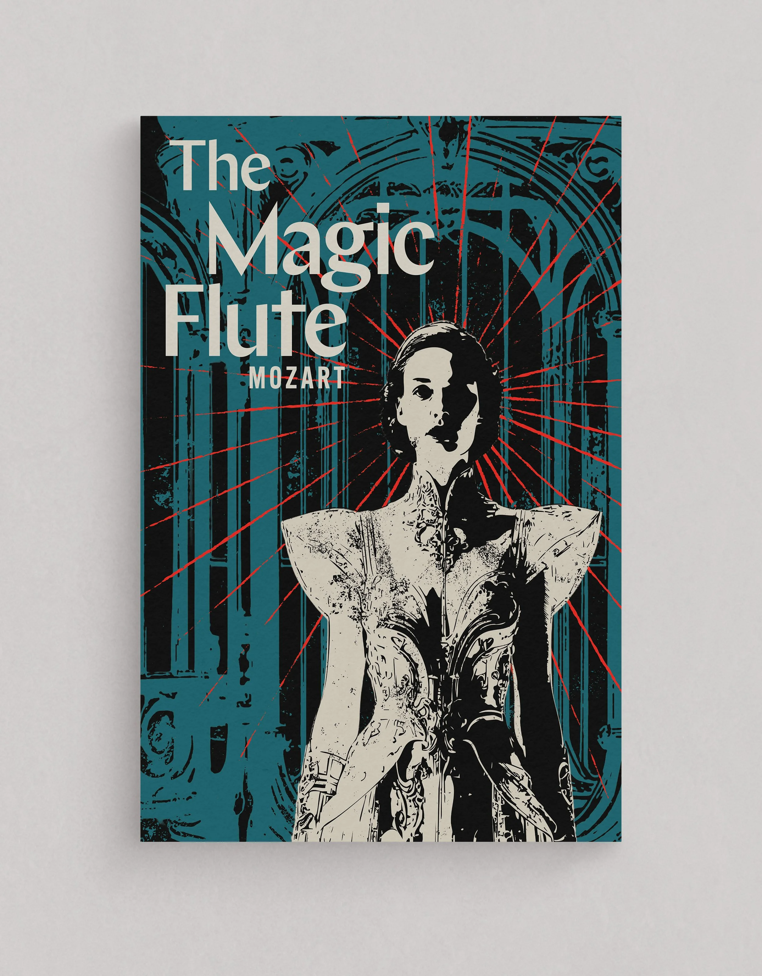Poster featuring a stylized illustration of a woman with short hair, wearing a jacket, with artsy background elements including arches and red lines, title 'The Magic Flute' and composer 'Mozart'.