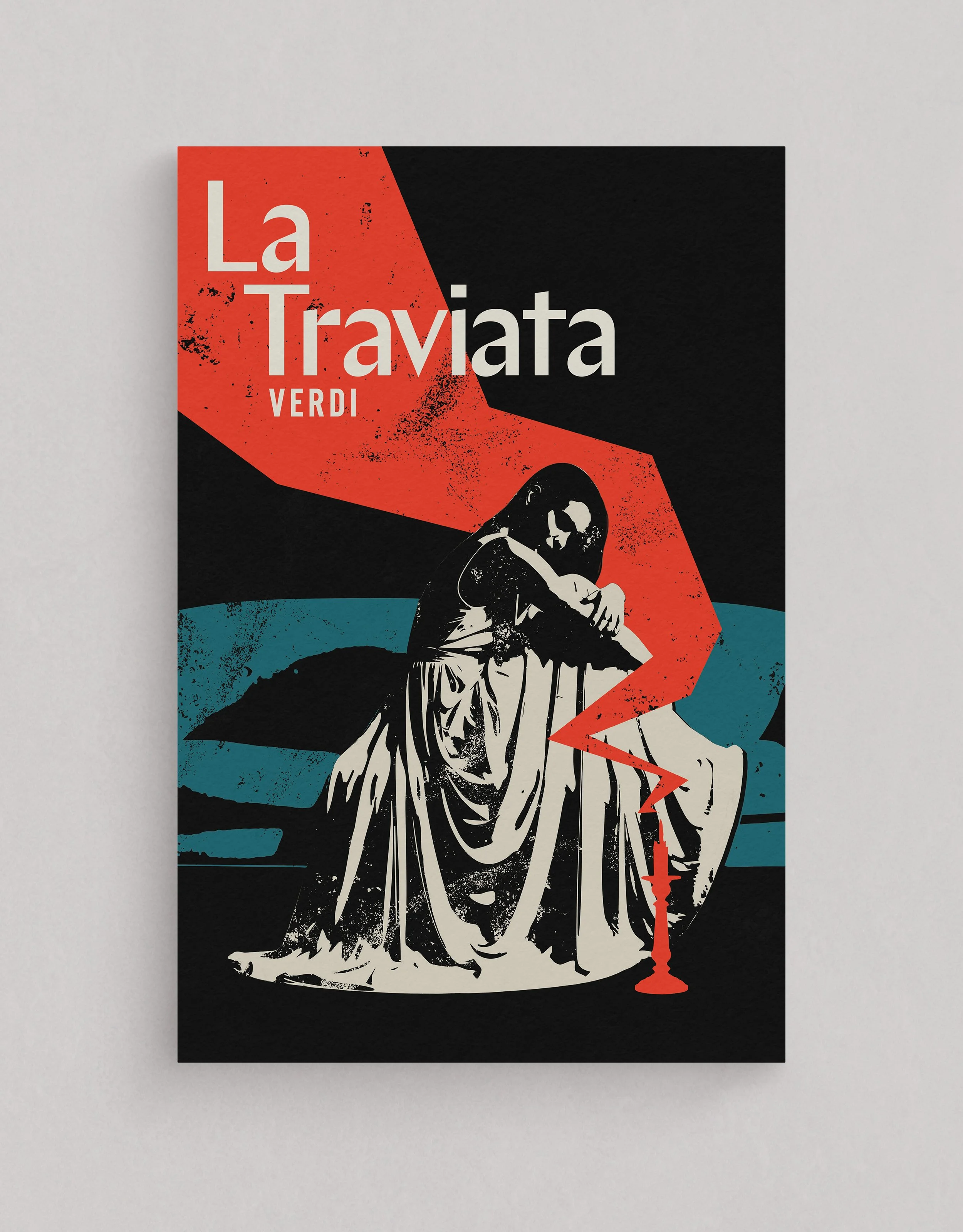 A graphic poster depicting a woman sitting with her knees drawn up, hugging her legs, with a large cocktail glass spilling liquid beside her. The background is divided into segments with the words 'La Traviata' and 'Verdi' written on it.