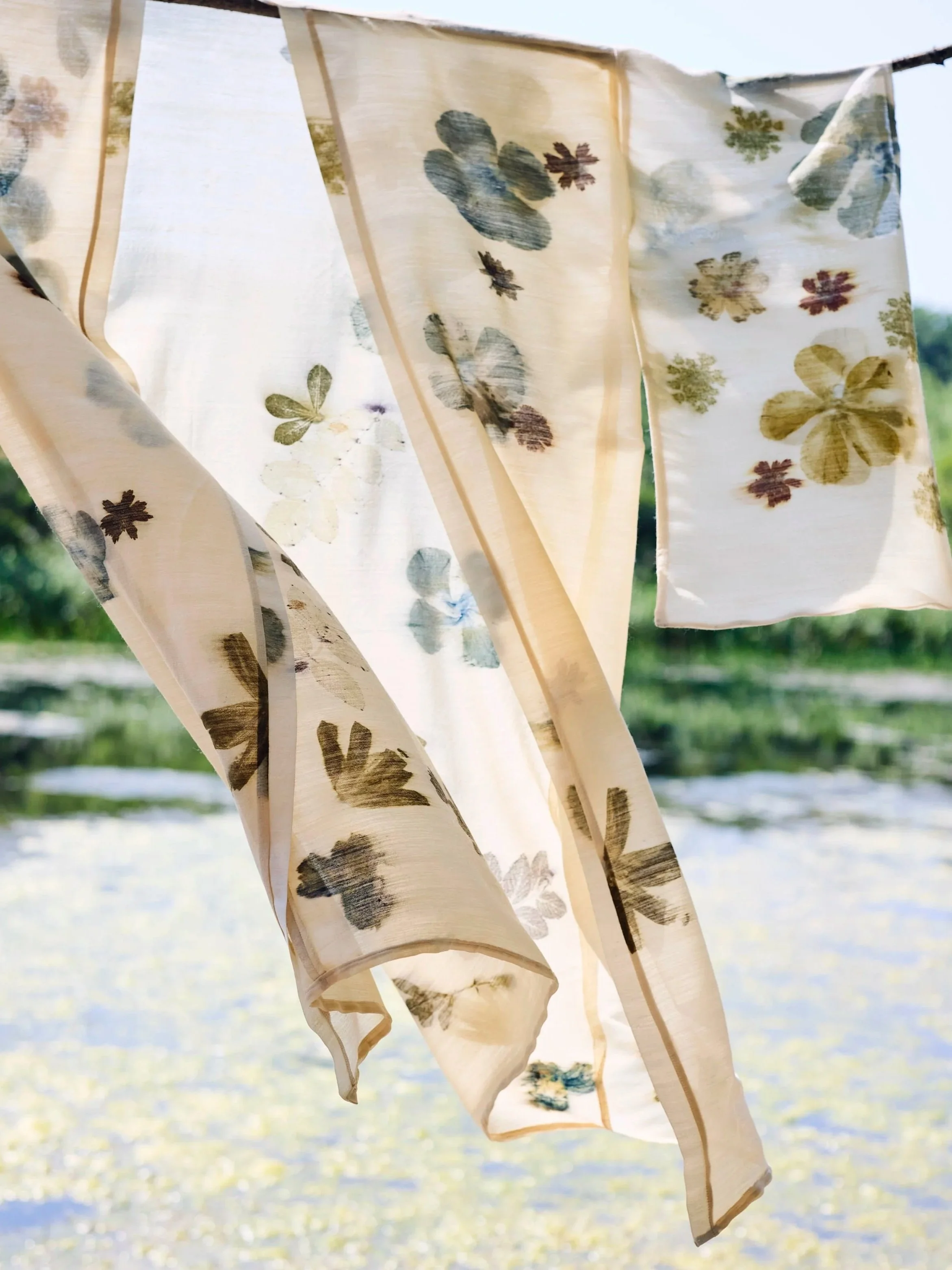 silk kimono printed with flowers blowing in the wind, eco printed fashion, robe
