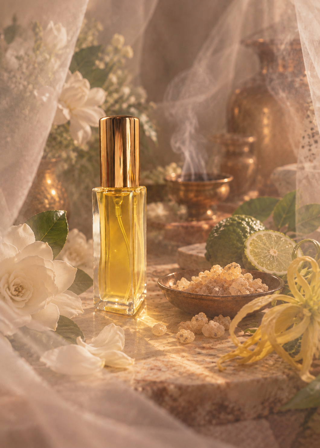 Creamy gardenia, luminous citrus, and sacred frankincense. Veiled Priestess is a sensual botanical floral perfume layered with jasmine enfleurage, neroli, rose otto, and a golden whisper of ylang-ylan