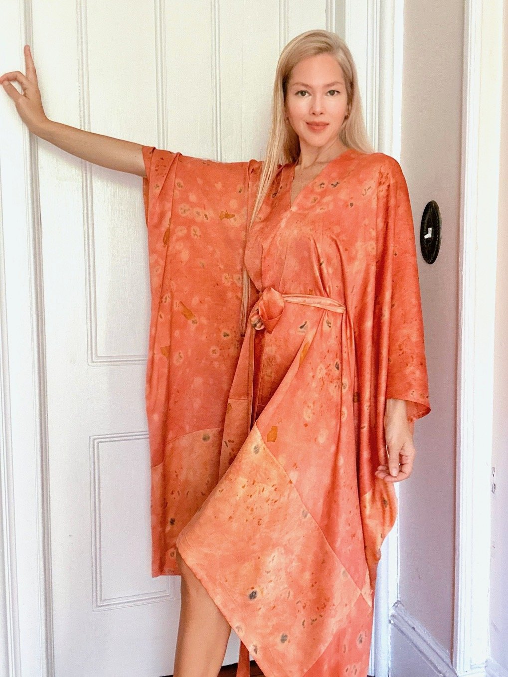 One-of-a-kind silk charmeuse kaftan naturally dyed with madder root and eco-printed with roses. Handmade botanical luxury clothing crafted in New York.