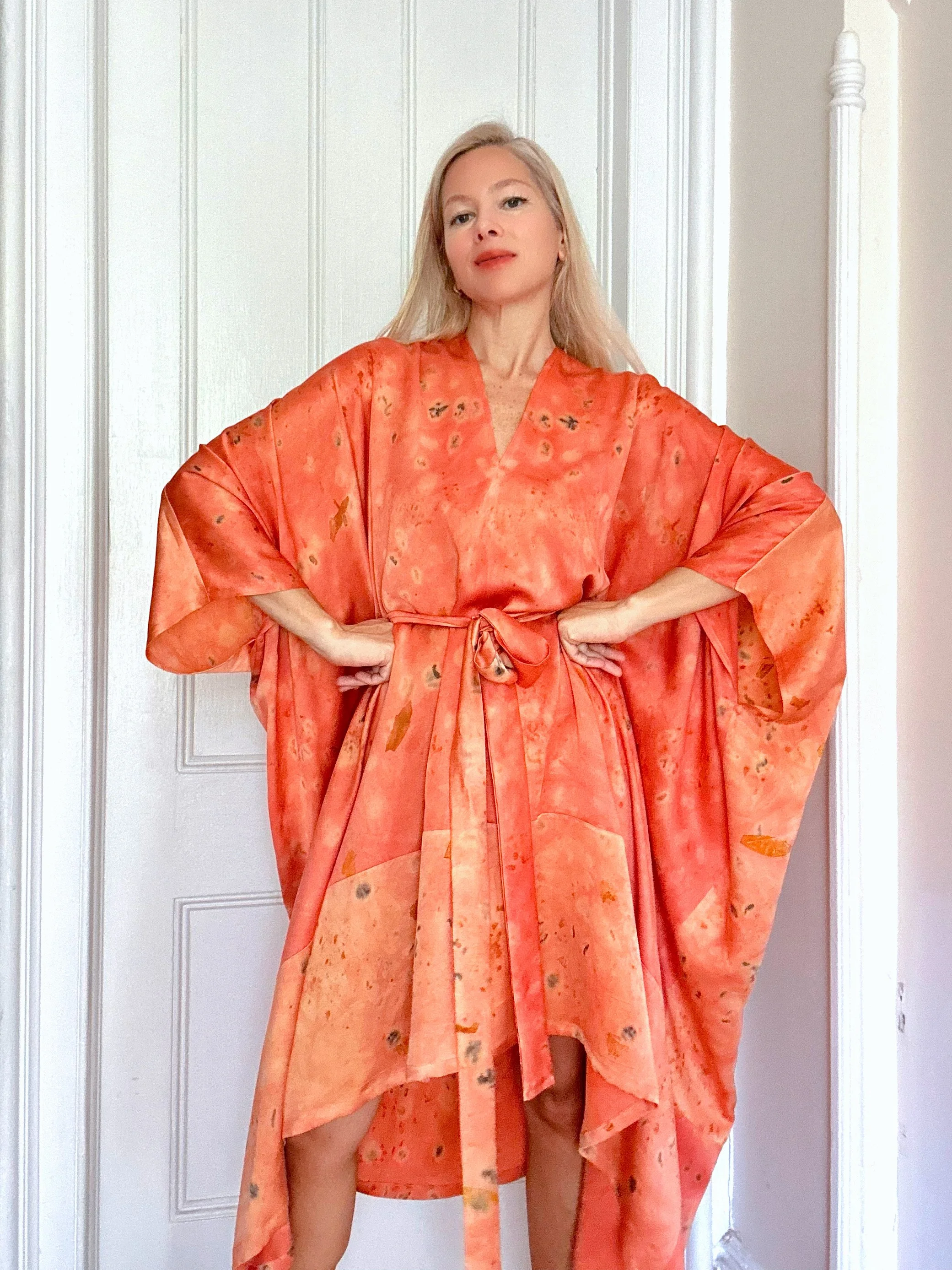 One-of-a-kind silk charmeuse kaftan naturally dyed with madder root and eco-printed with roses. Handmade botanical luxury clothing crafted in New York.