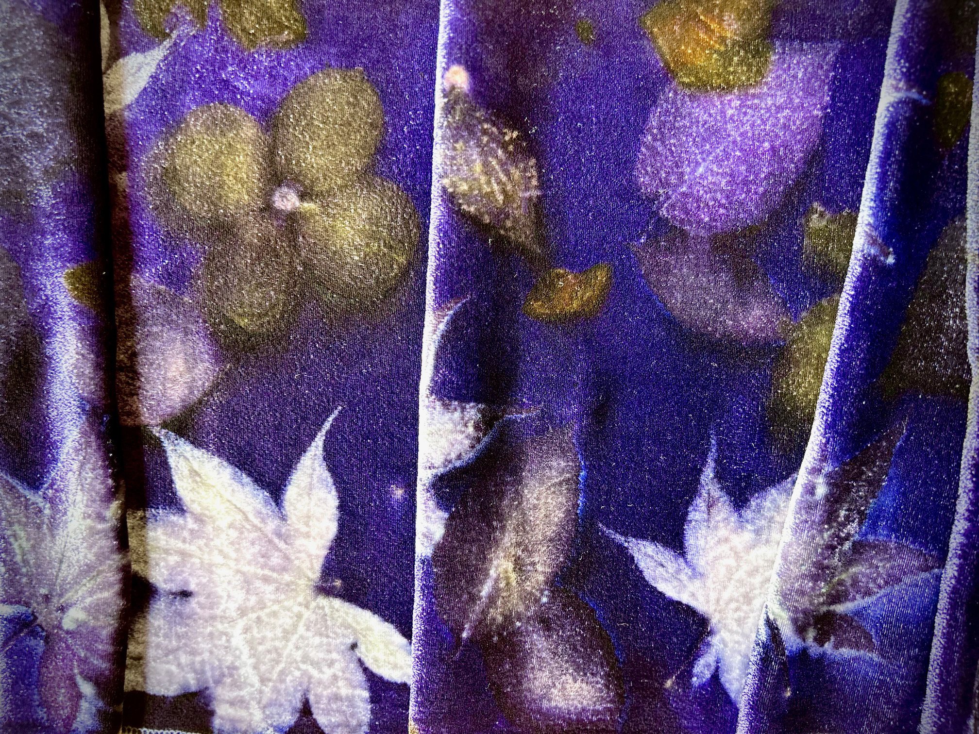 Inside MAY: Silk/velvet shawl printed with spring leaves & dogwood flowers