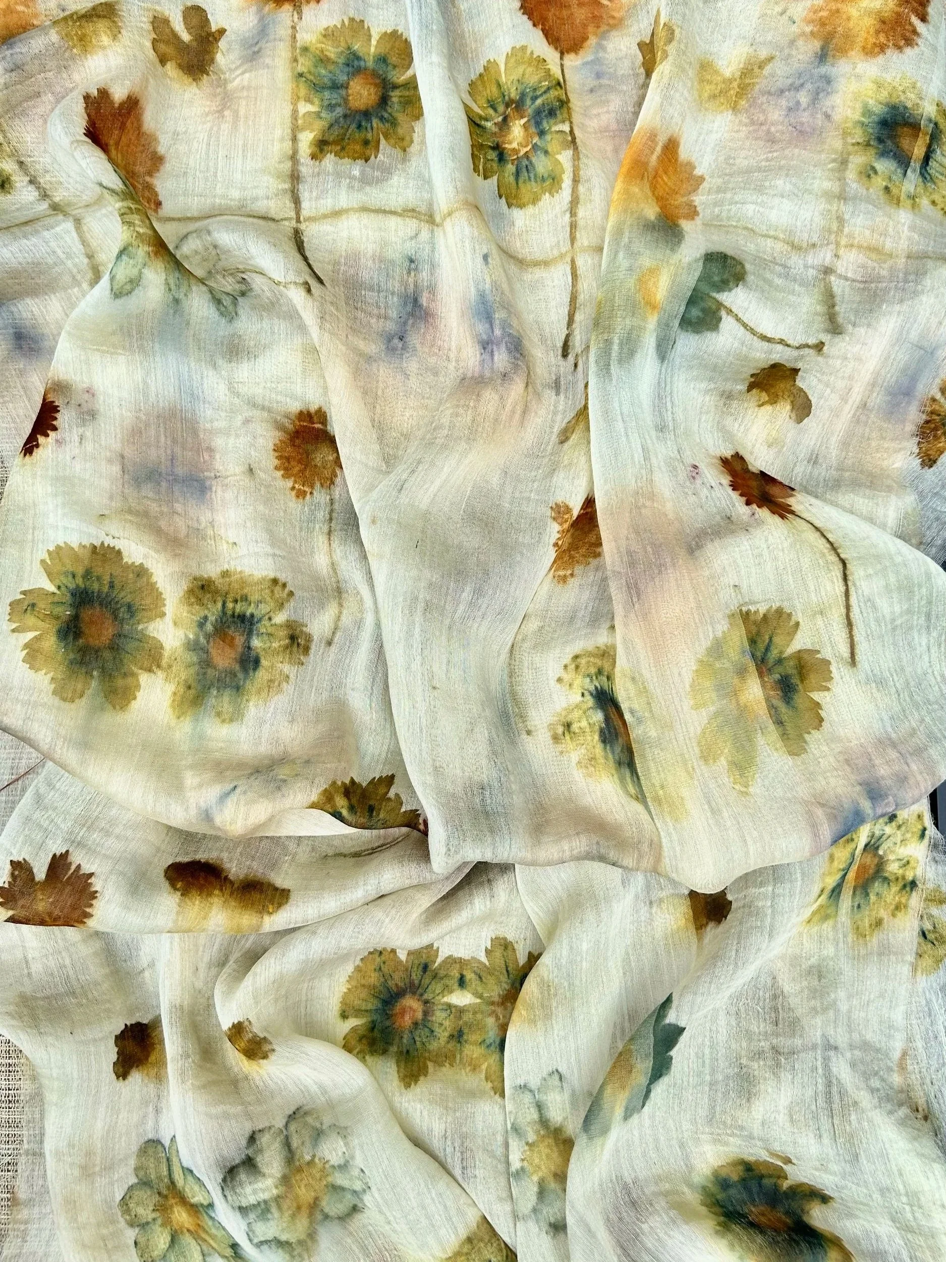 cosmos eco printed on silk wool fabric, botanical printing on silk (Copy)
