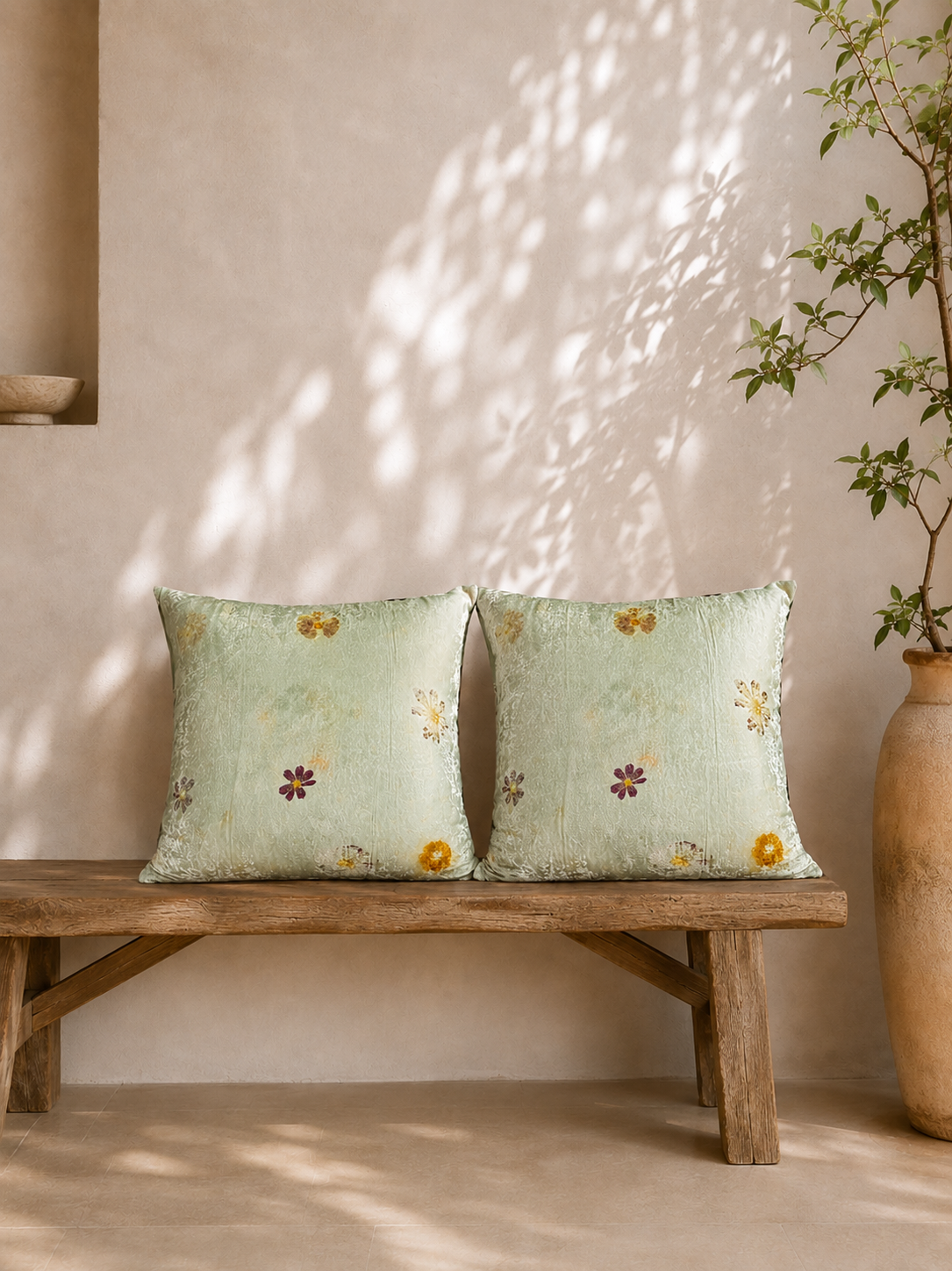 Botanically-Dyed Silk Velvet Pillow: Flores indicum