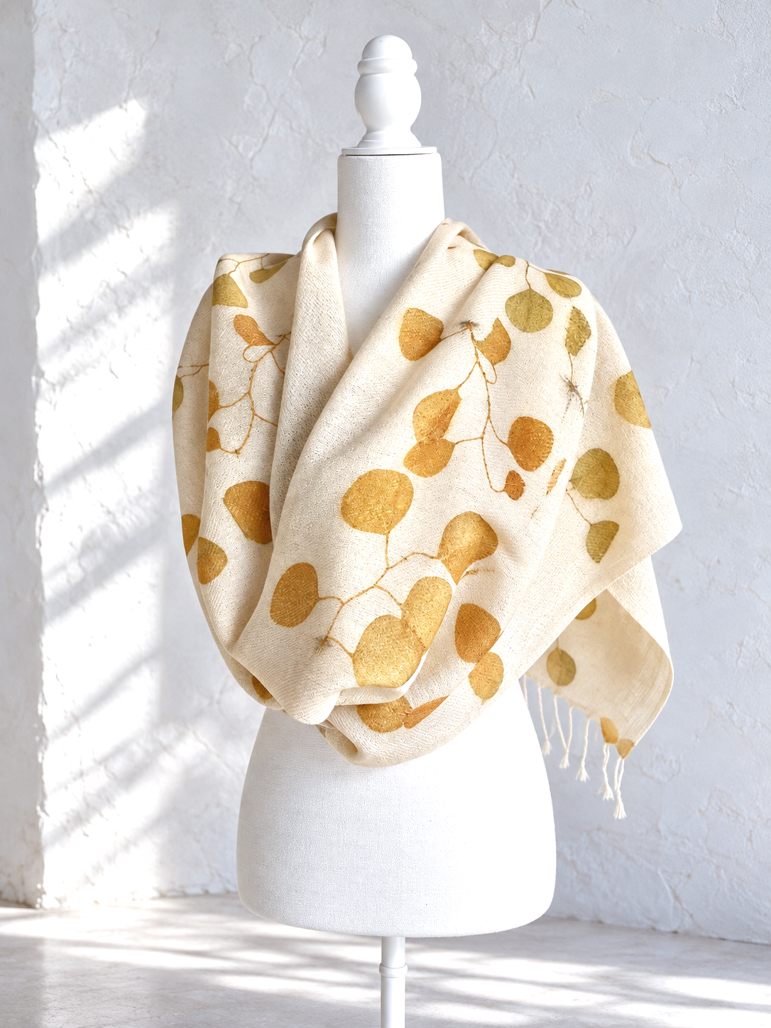 flora obscura silk wool shawl with eucalyptus eco prin