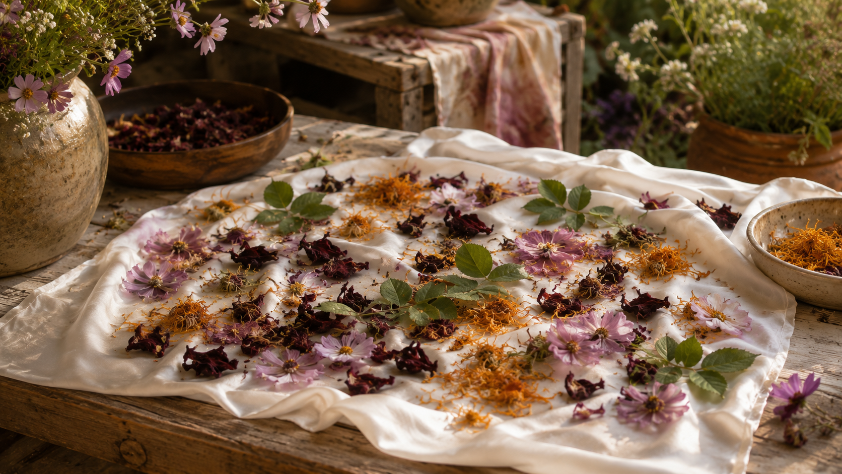 “White silk sprinkled with dried flowers, cosmos, rose leaves, hibiscus, and marigold petals ready for bundle dyeing.”