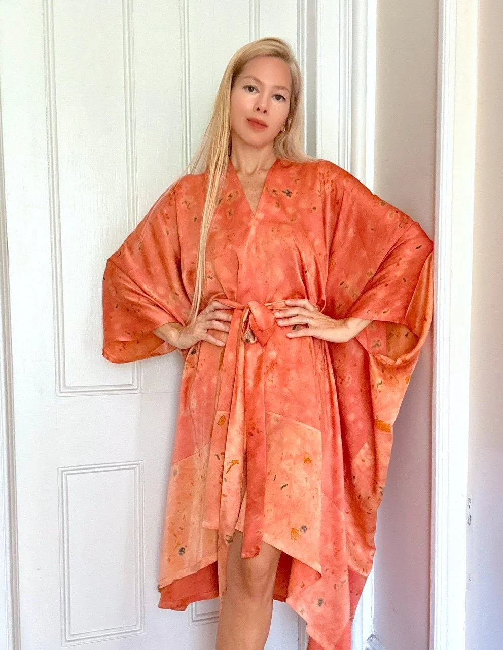 One-of-a-kind silk charmeuse kaftan naturally dyed with madder root and eco-printed with roses. Handmade botanical luxury clothing crafted in New York.