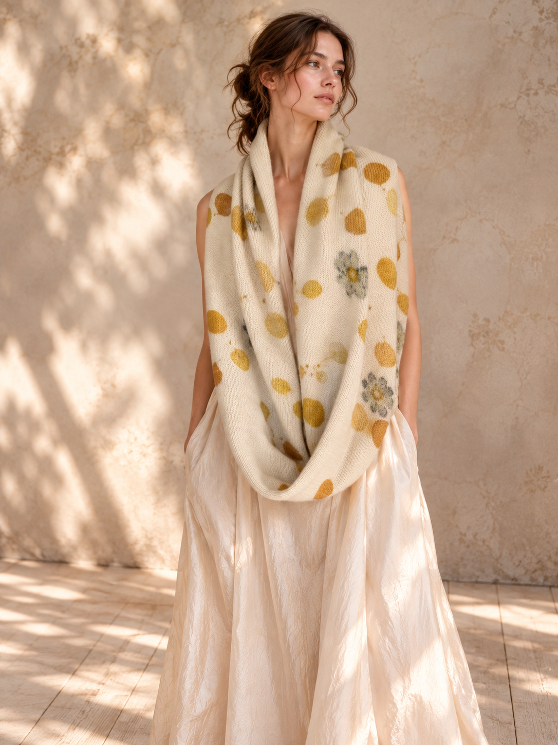 wool cowl eco printed with cosmos and eucalyptus.pngBotanically contact-printed ivory Bolivian alpaca wool infinity cowl with golden ochre flowers and muted green botanical impressions by Flora Obscur