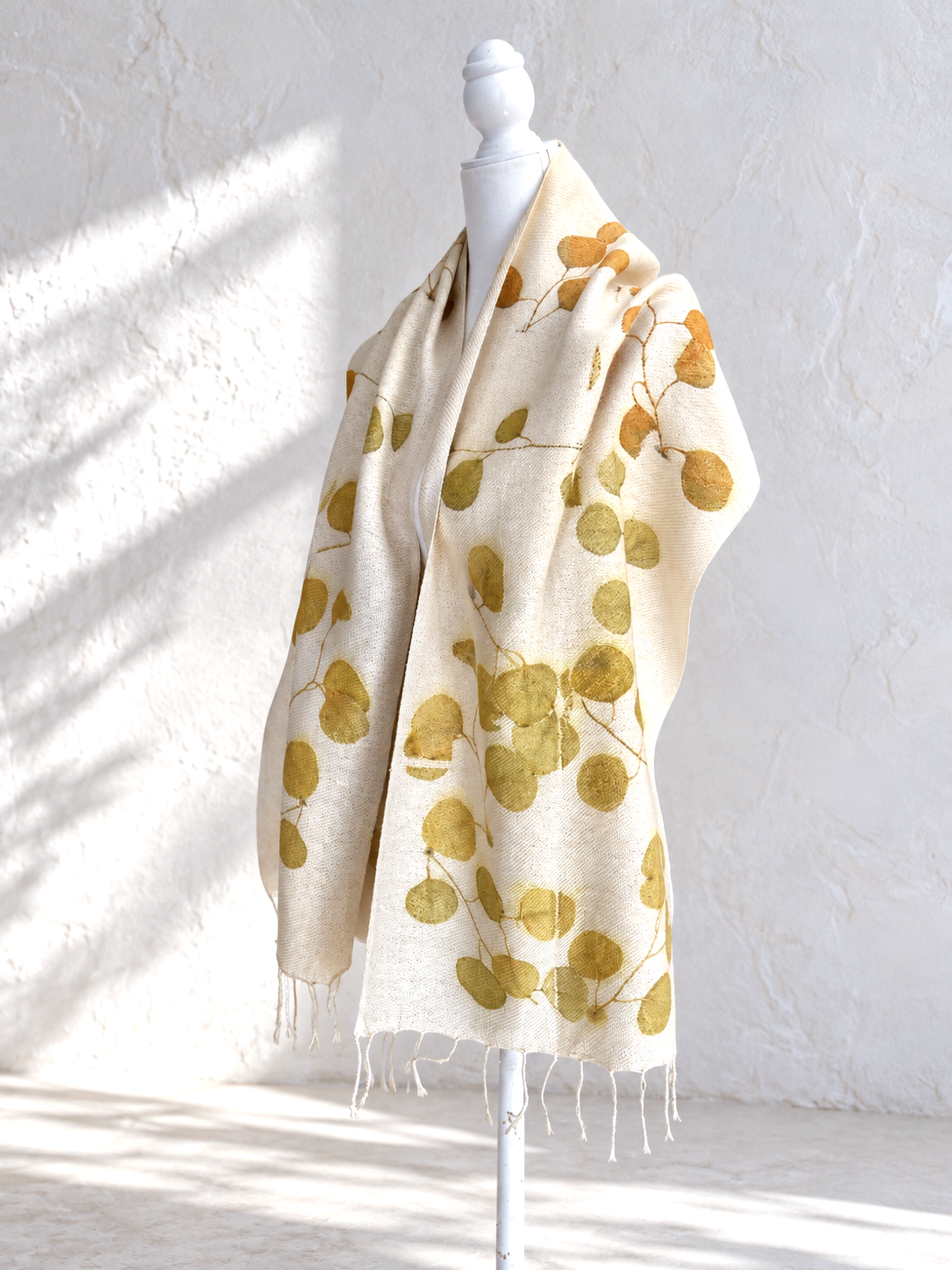 flora obscura silk wool shawl with eucalyptus eco prin