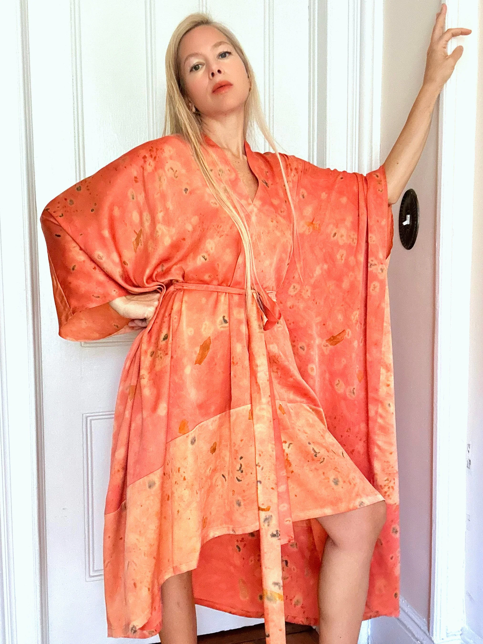 One-of-a-Kind Naturally Dyed Silk Kaftan - Madder Root & Roses