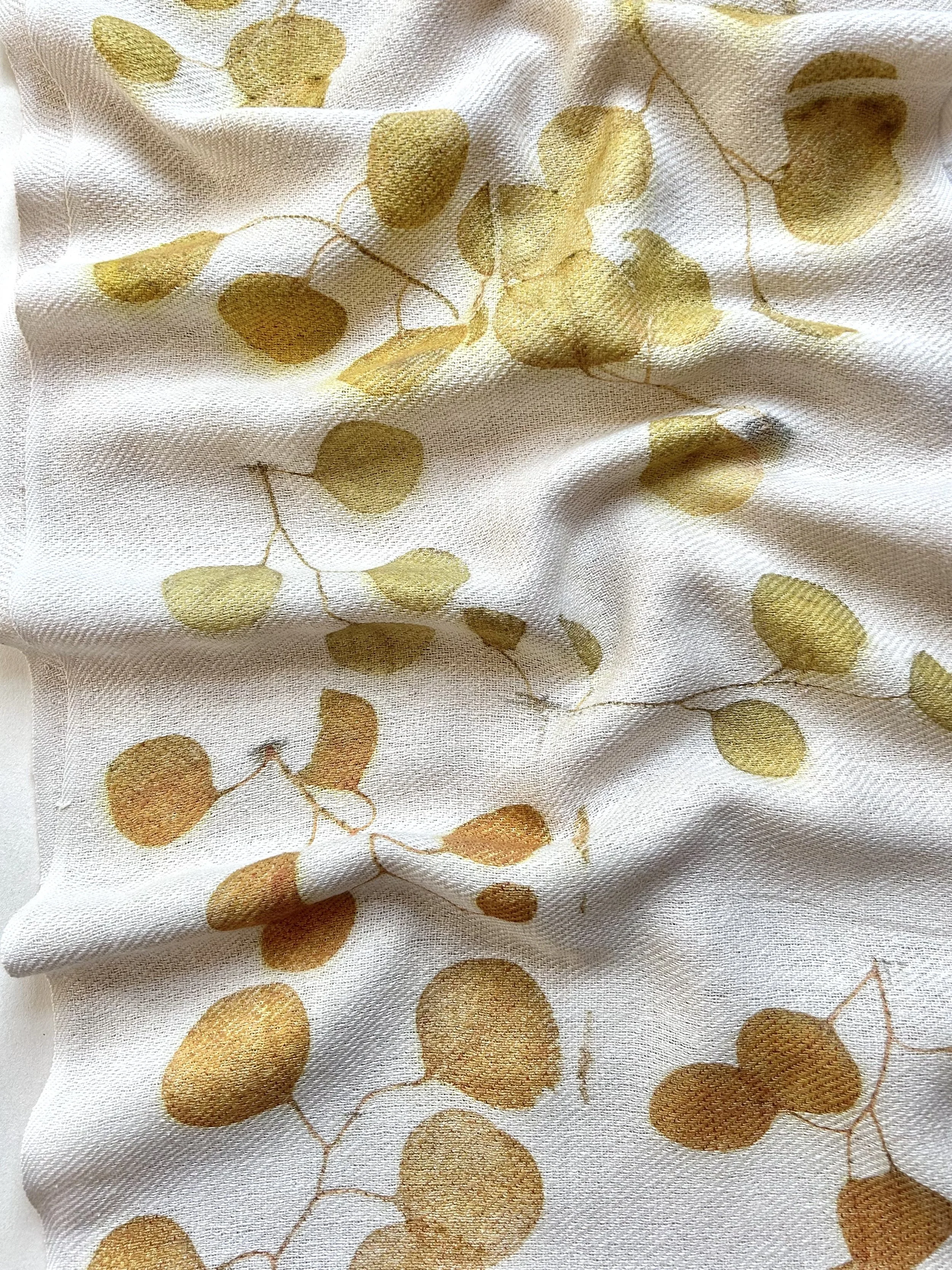 flora obscura silk wool shawl with eucalyptus eco prin