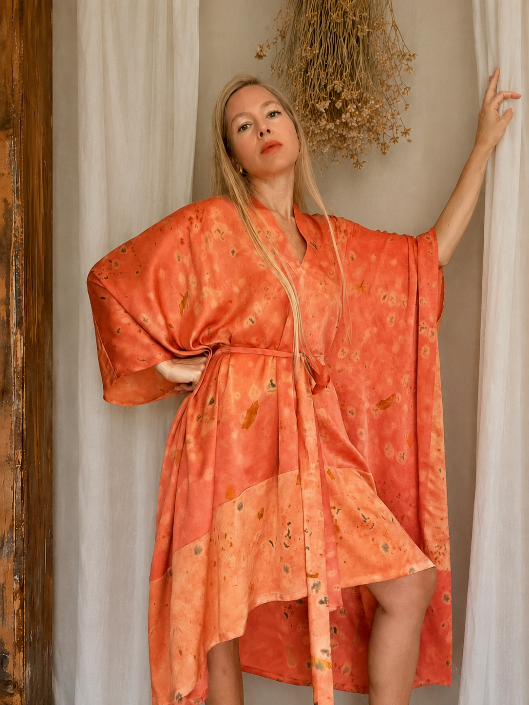 One-of-a-Kind Naturally Dyed Silk Kaftan - Madder Root & Roses