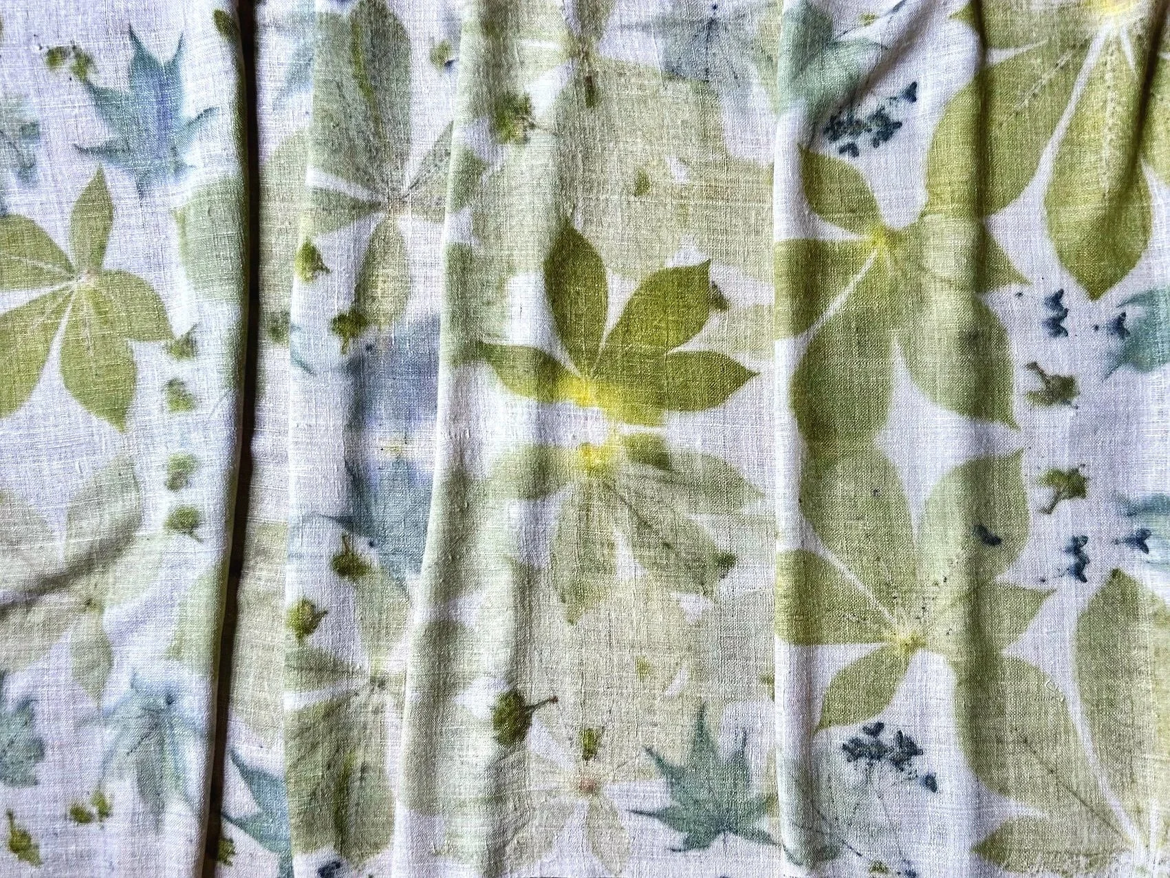 Inside MAY: Raw peace silk shawl printed with verdant leaves: Horse chestnut and Japanese maple