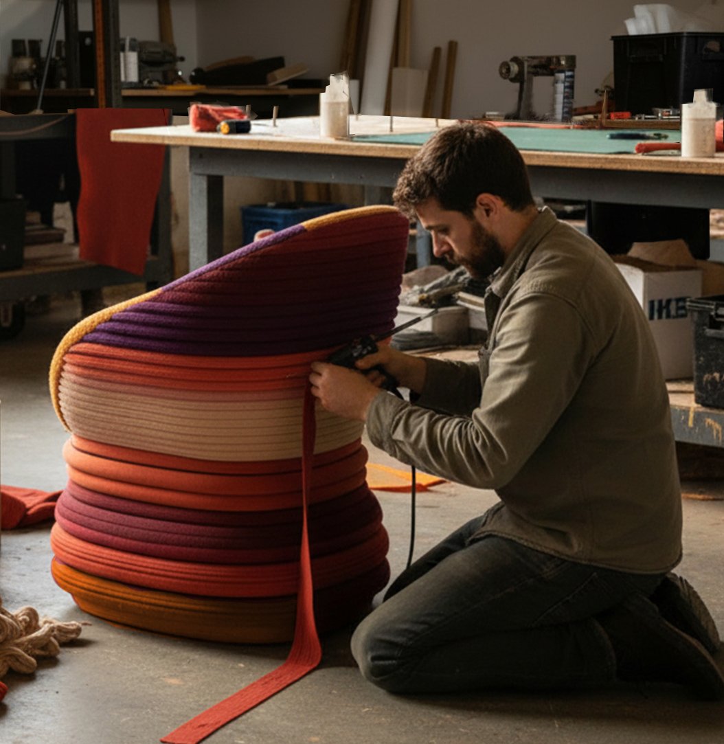 placing colored textile bands around a chair mock-up