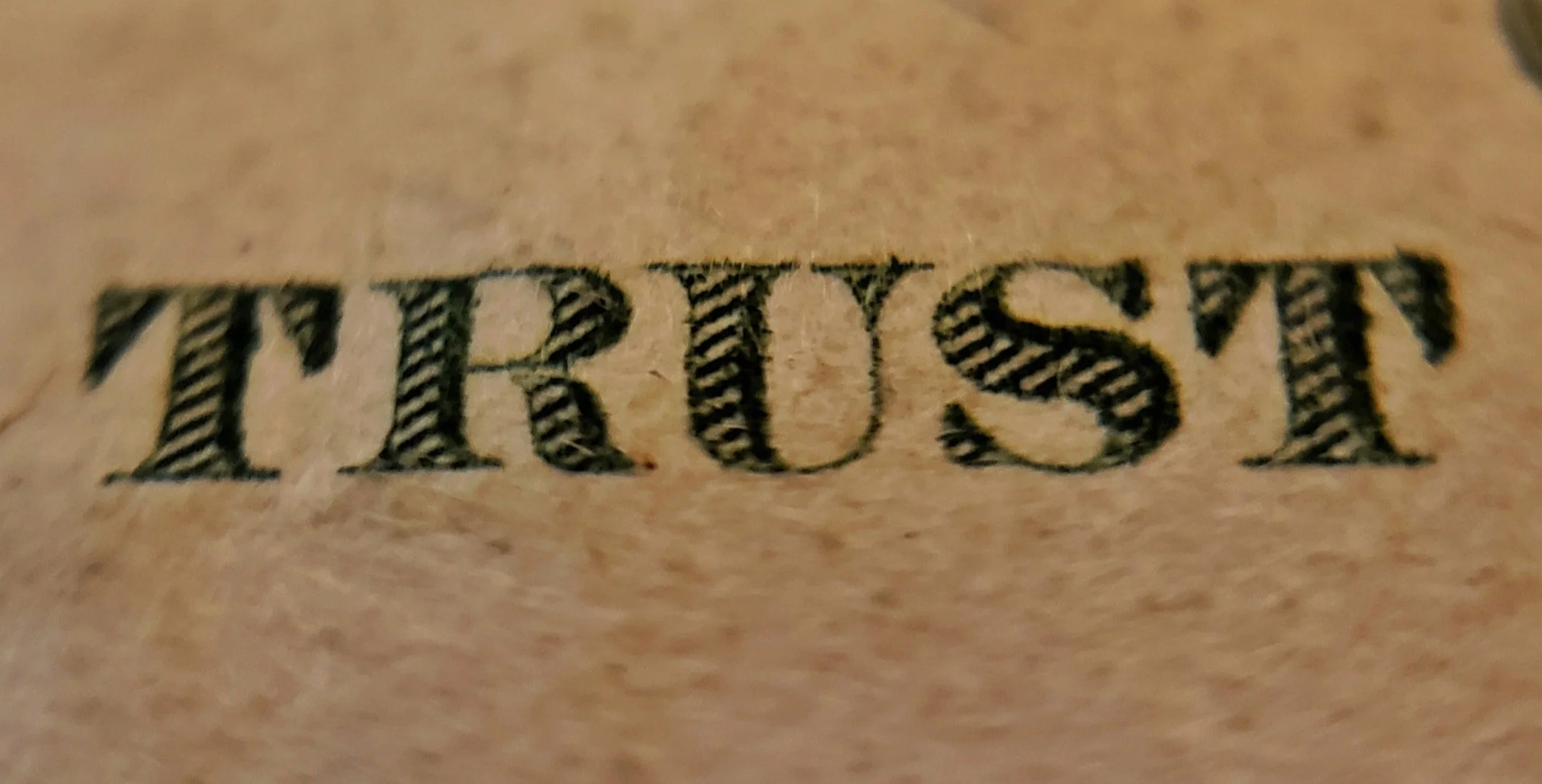 picture of the word "trust" in serif font capital letters on a cardboard colored background