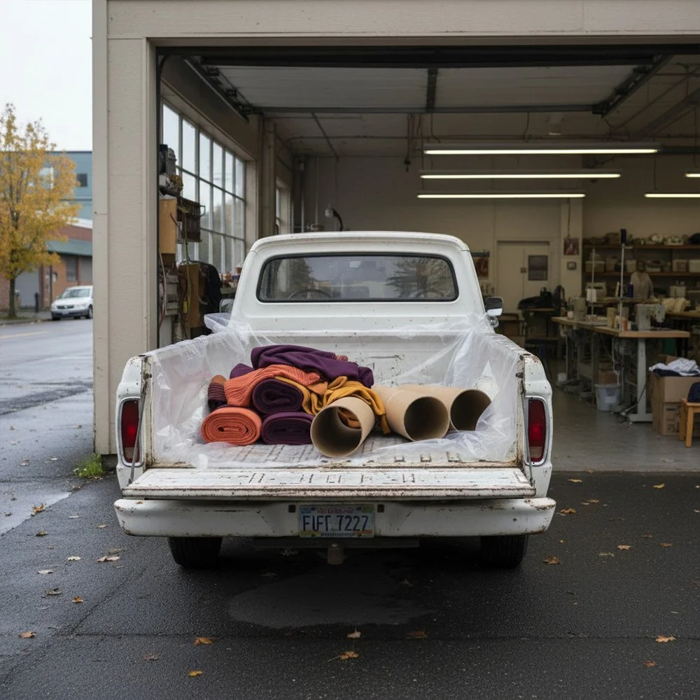 a truck bed with textile remnants