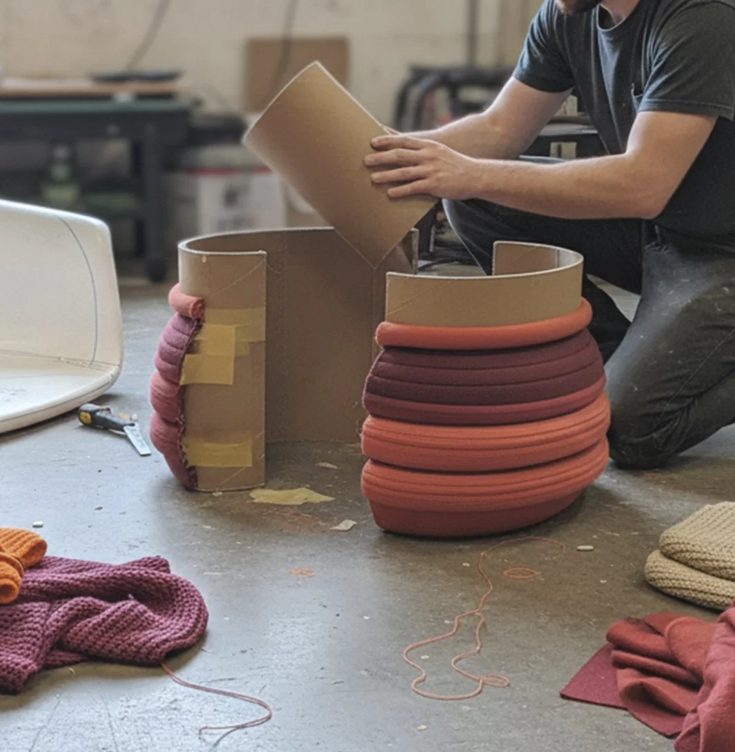 colored bands of textile wrapped around a cardboard sonotube
