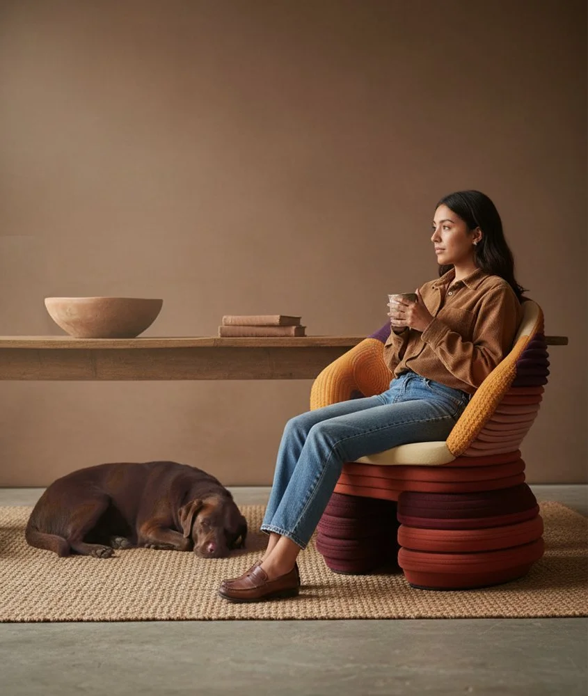 young woman sitting in an upholstered chair with colorful bands of textiles. a chocolate lab dog sleeps under a farm table on a sisal rug.