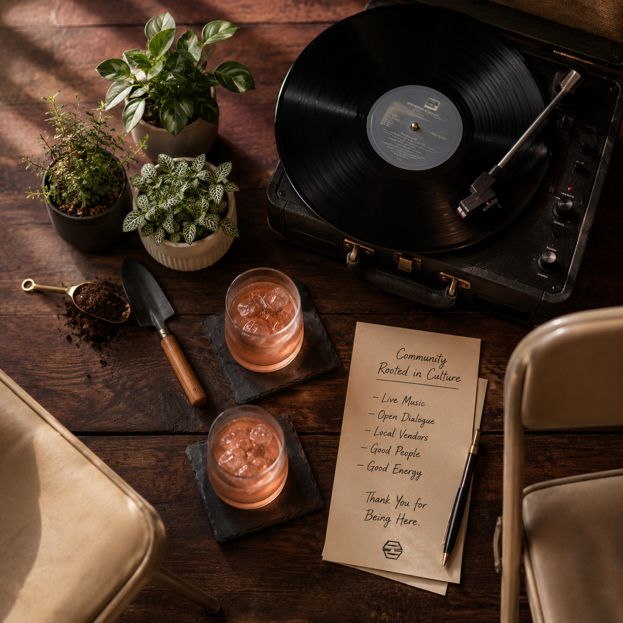 A record player on a wooden table with three potted plants, two glasses of rosé wine with ice, a small scoop of soil, a trowel, a note card with event details, and chairs around the table. The note card mentions community, live music, open dialogue, local vendors, good people, and good energy.