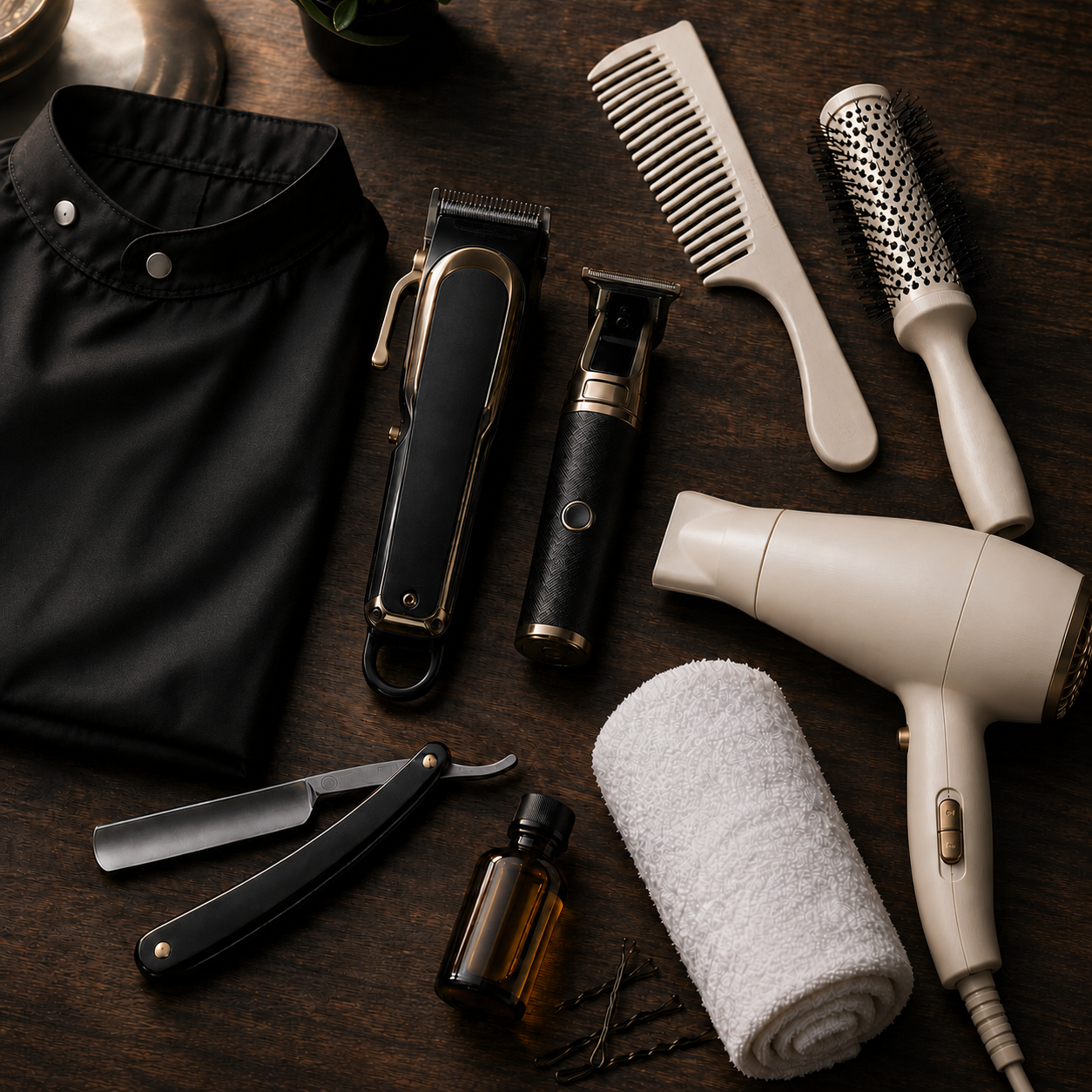Collection of men's grooming and hairdressing tools on a wooden surface, including a hairdryer, hairbrushes, grooming scissors, electric trimmers, a rolled white towel, a small brown bottle, and hairpins.