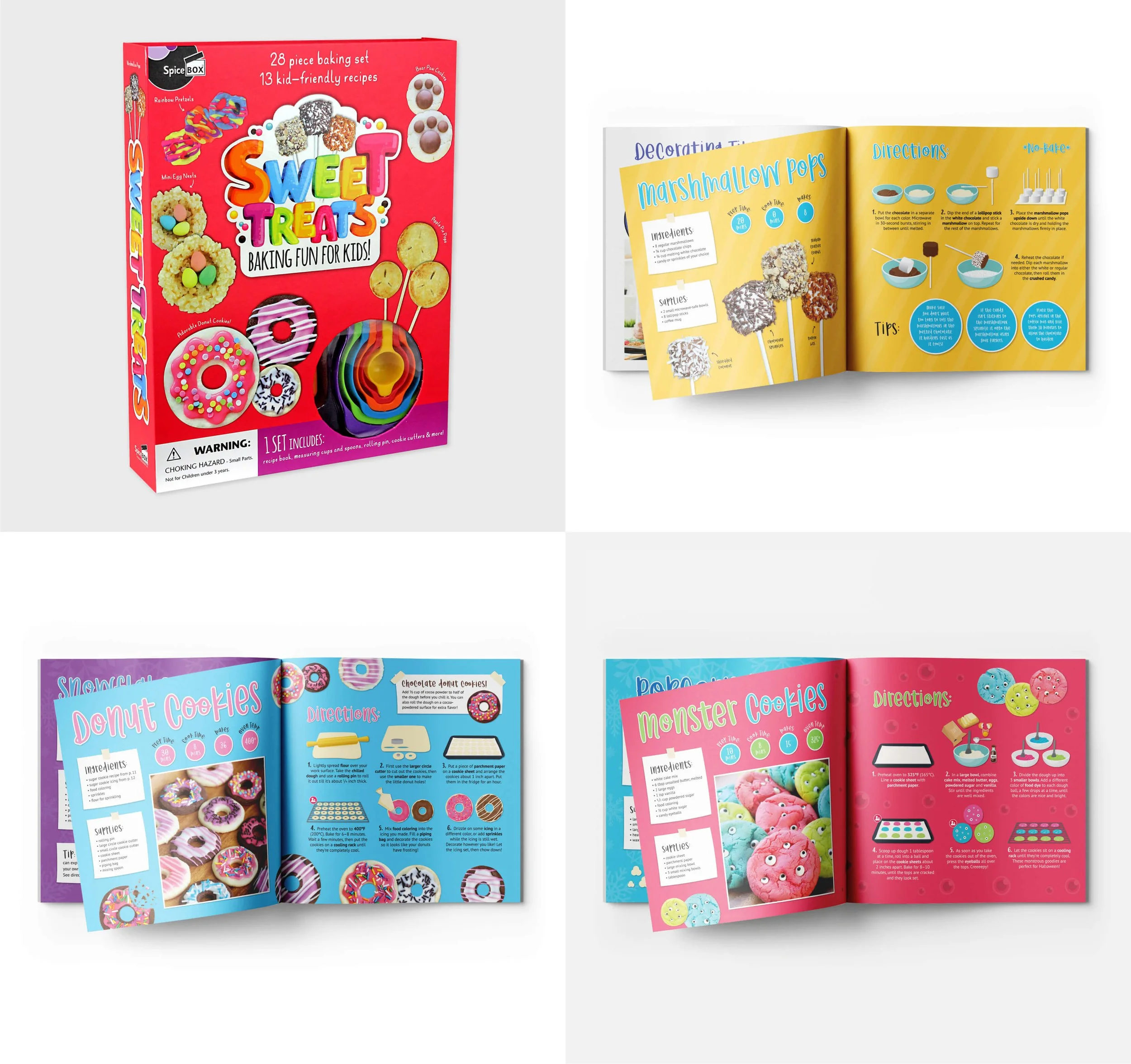 Bright and colourful children's cooking kit design for a Vancouver publishing and product development company, packaging and book layout, graphic design by Charmaine Muzyka, Calgary Alberta Canada