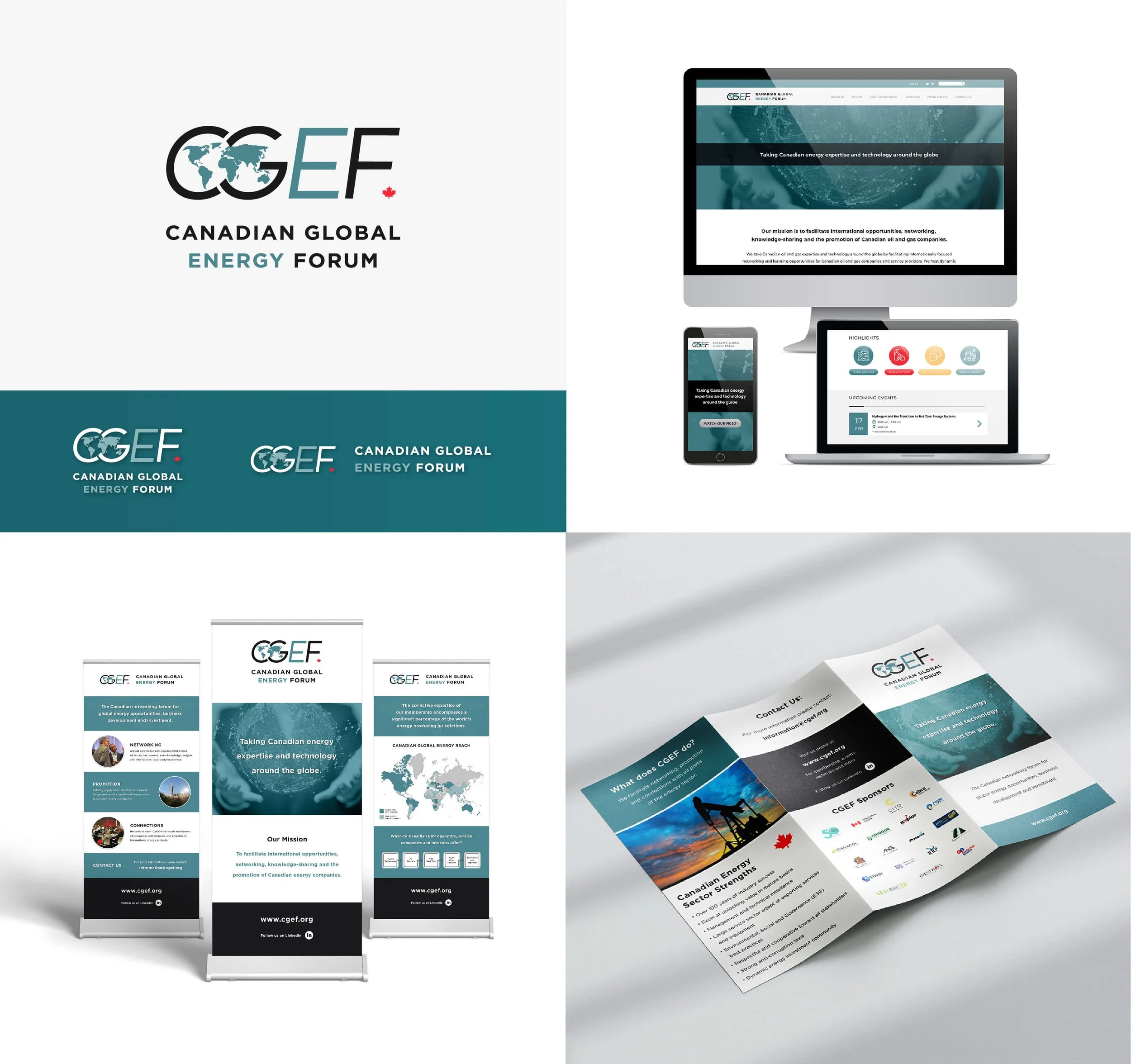 Brand identity design for a Canadian energy non-profit organization, website design on various devices, tradeshow banner set and a printed tri-fold brochure, marketing material, freelance graphic design by Charmaine Muzyka, Calgary Alberta