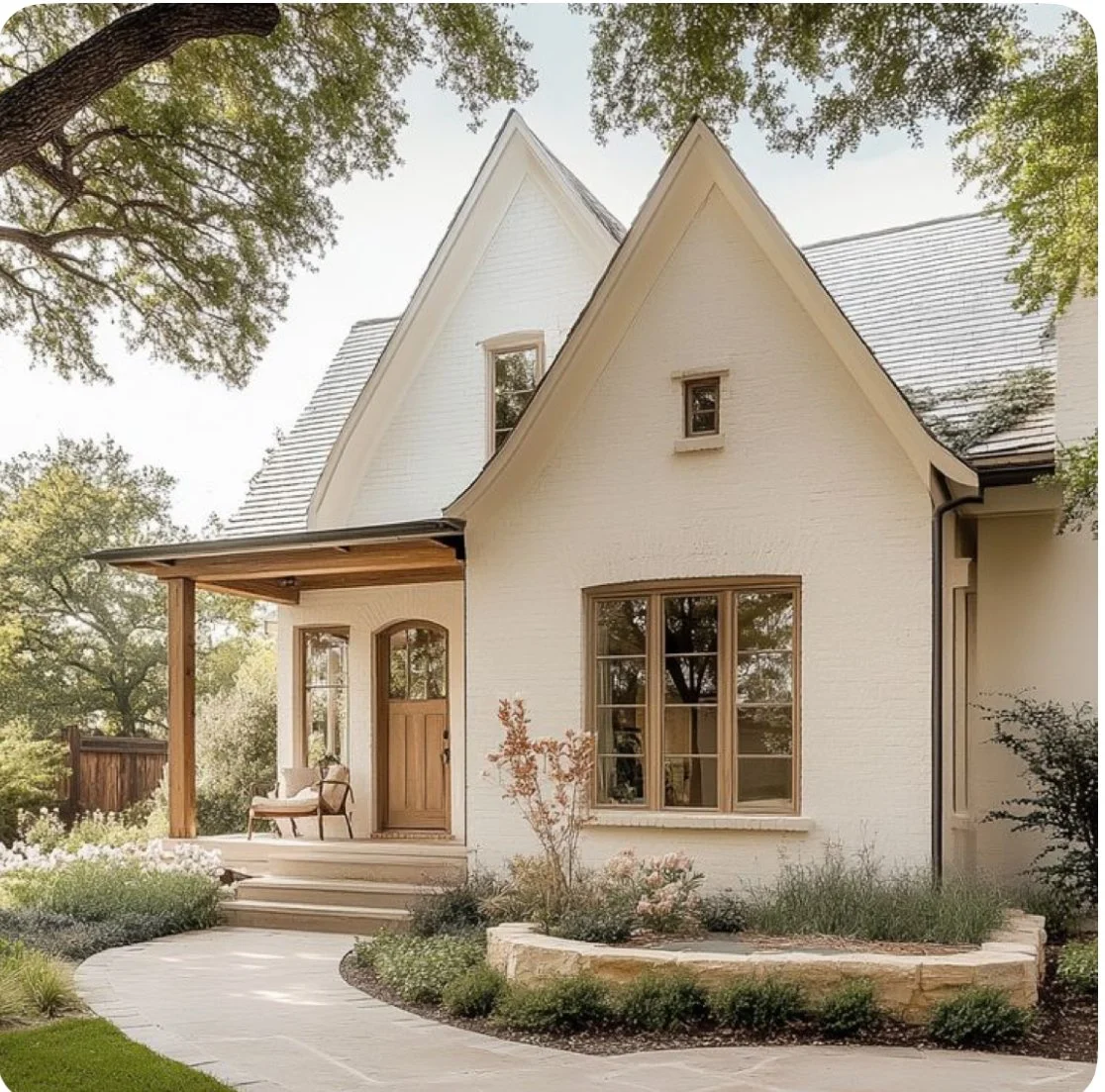 Residential home with white exterior, steep rooflines, and landscaped gardens, representing Peterson Properties real estate services in El Dorado Hills, California