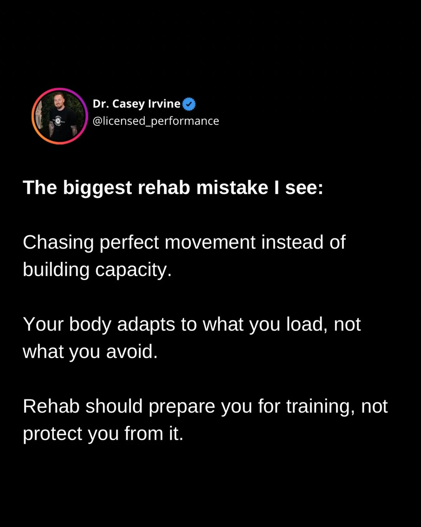 Most people don&rsquo;t need more corrections.

They need more capacity.

Rehab isn&rsquo;t about eliminating stress.

It&rsquo;s about applying the right amount &mdash; progressively.

Save this if you train.

Follow @licensed_performance for rehab 