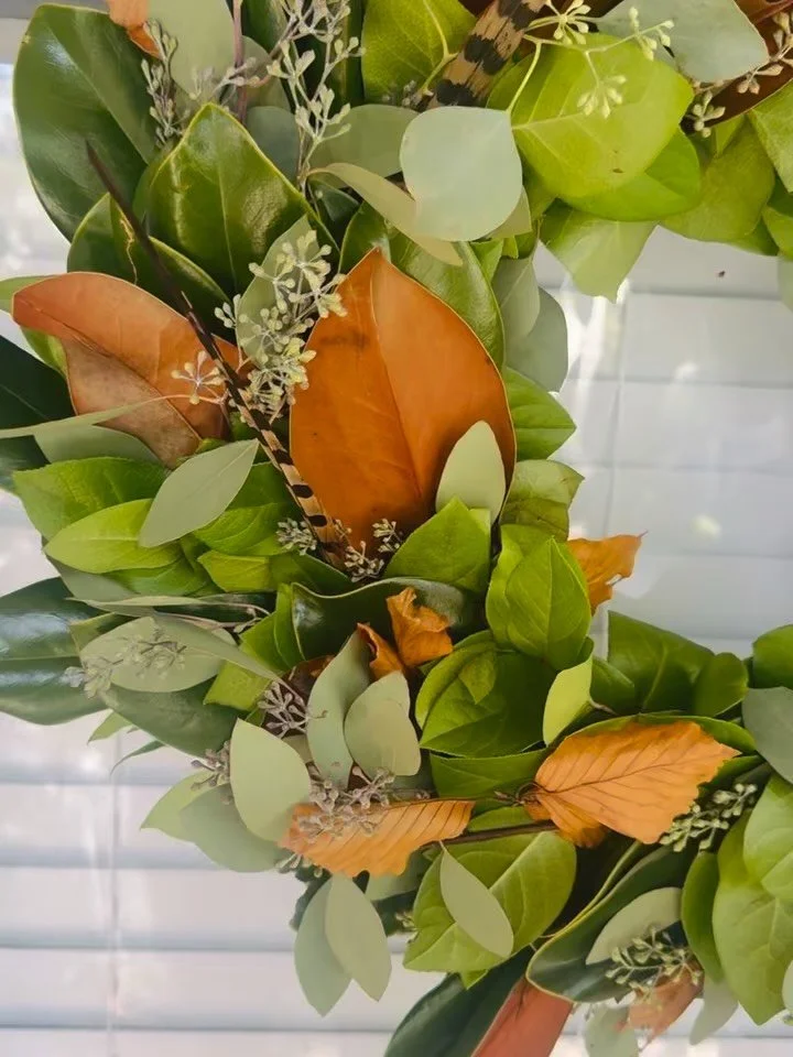 Fresh fall wreaths for @htandco.1 🍁✨

Rich green magnolia leaves with their warm, golden-brown undersides bring the perfect touch of fall to any front door. A beautiful finishing touch to a pumpkin-filled porch!