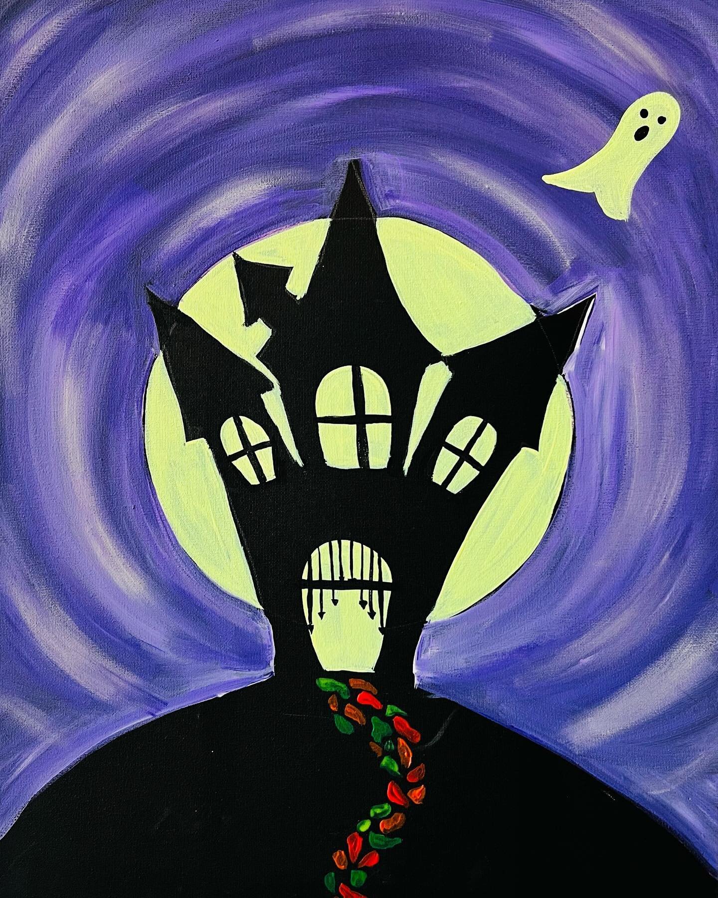We&rsquo;re so excited to announce that we&rsquo;ve got a twist on our first Halloween painting of October!! We&rsquo;ll not only be painting this spooky, glow n the dark picture but we&rsquo;ll be projecting the movie &lsquo;The Haunted Mansion&rsqu