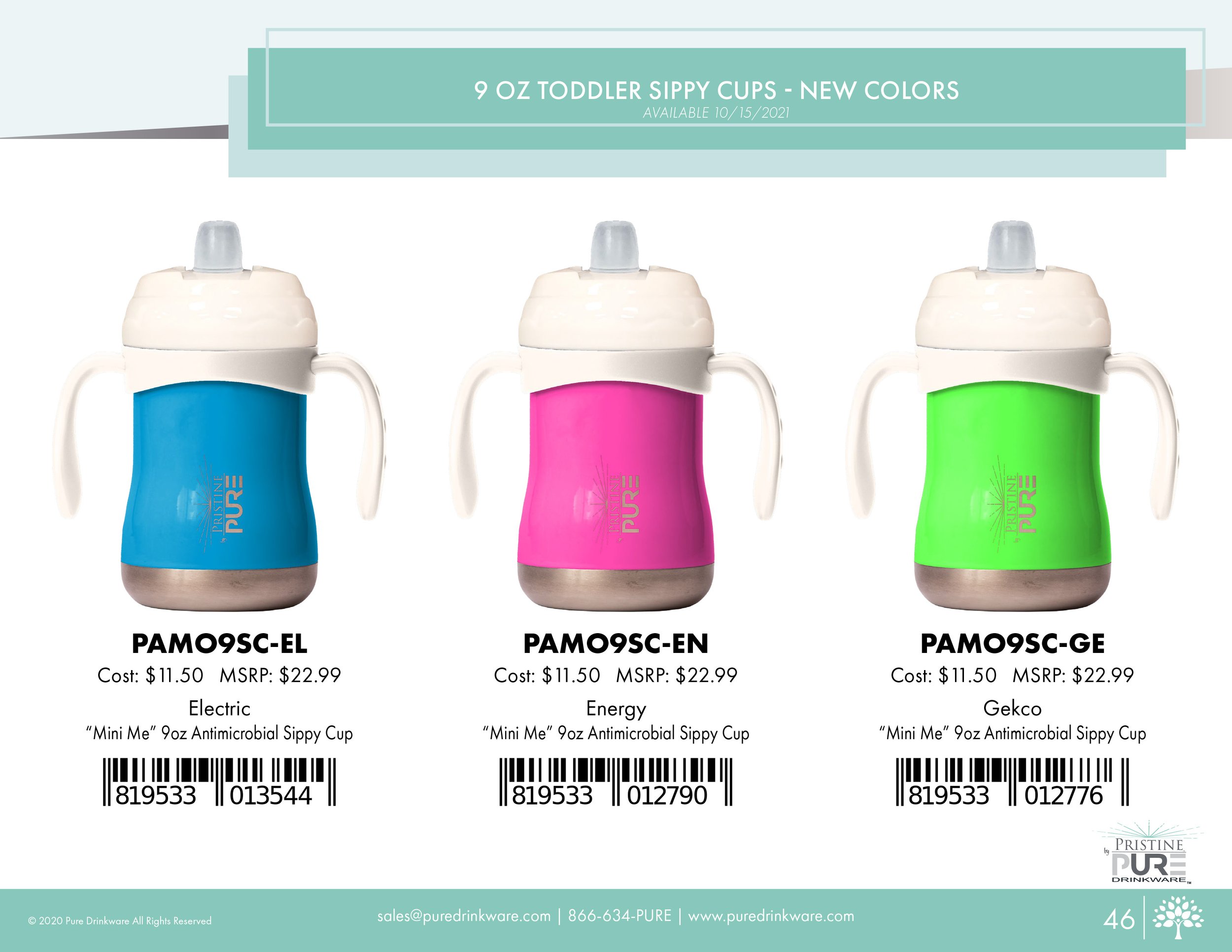 "9 oz Toddler Sippy Cups" product page showing new colors available 10/15/2021: Electric, Energy, and Gekco, each with a cost of $11.50 and MSRP of $22.99, including barcodes.