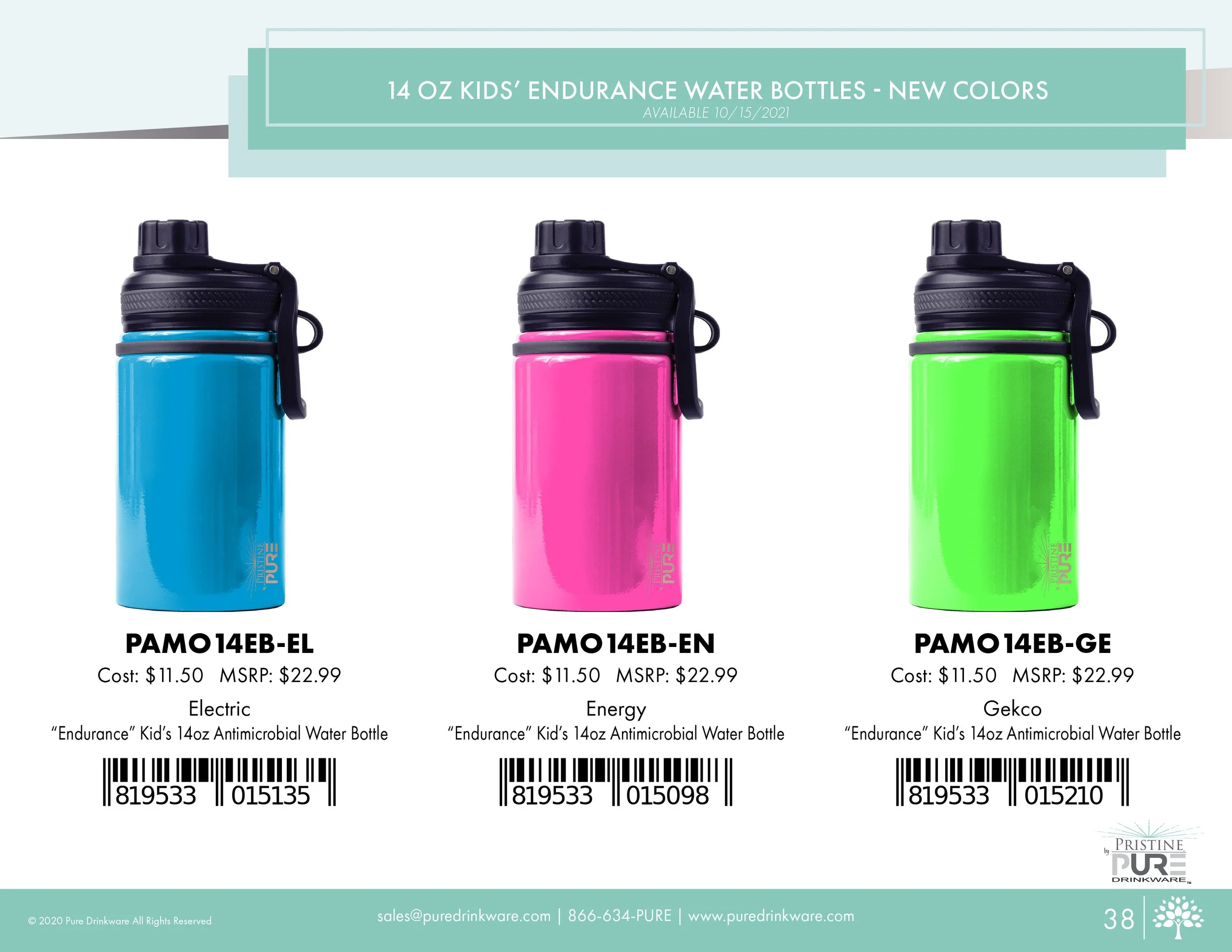 "14 oz Kids' Endurance Water Bottles" product page showing new colors available 10/15/2021: Electric, Energy, and Gekco, each with a cost of $11.50 and MSRP of $22.99, including barcodes.