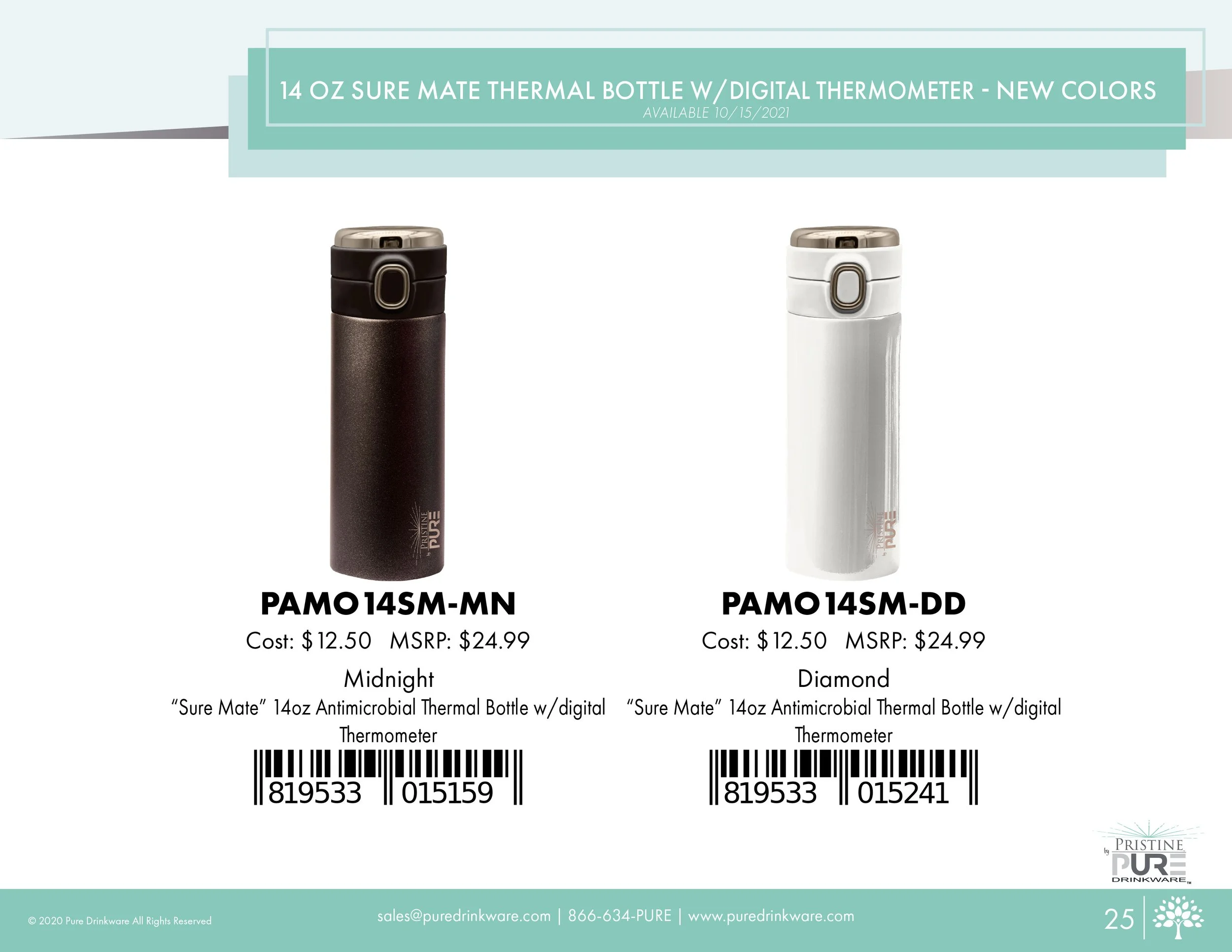 "14 oz Sure Mate Thermal Bottle w/Digital Thermometer" product page showing new colors available 10/15/2021: Midnight and Diamond, each with a cost of $12.50 and MSRP of $24.99, including barcodes.