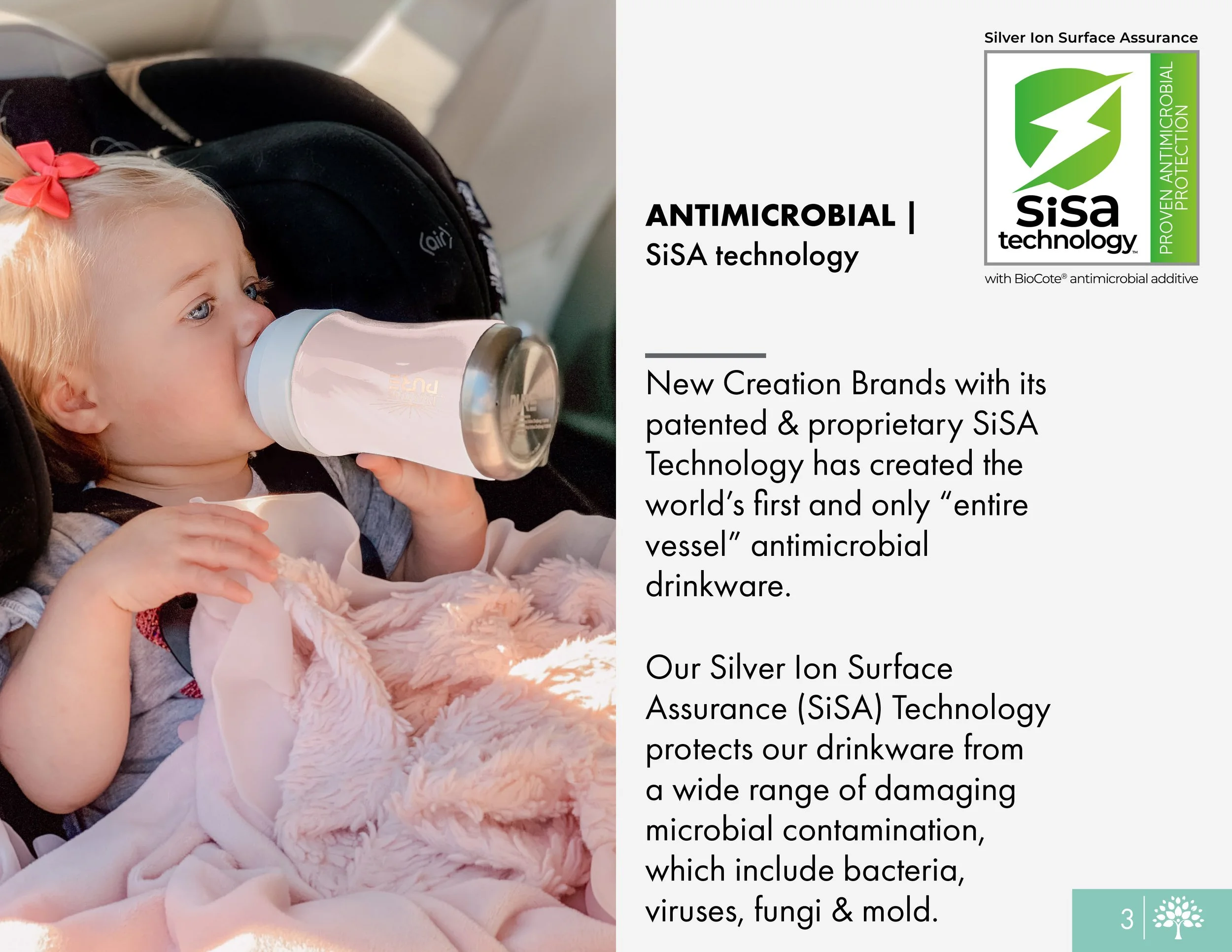 Explanation of "SiSA Technology" featuring a toddler drinking from a white antimicrobial bottle in a car seat, accompanied by text describing the Silver Ion Surface Assurance protection against bacteria, viruses, fungi, and mold.