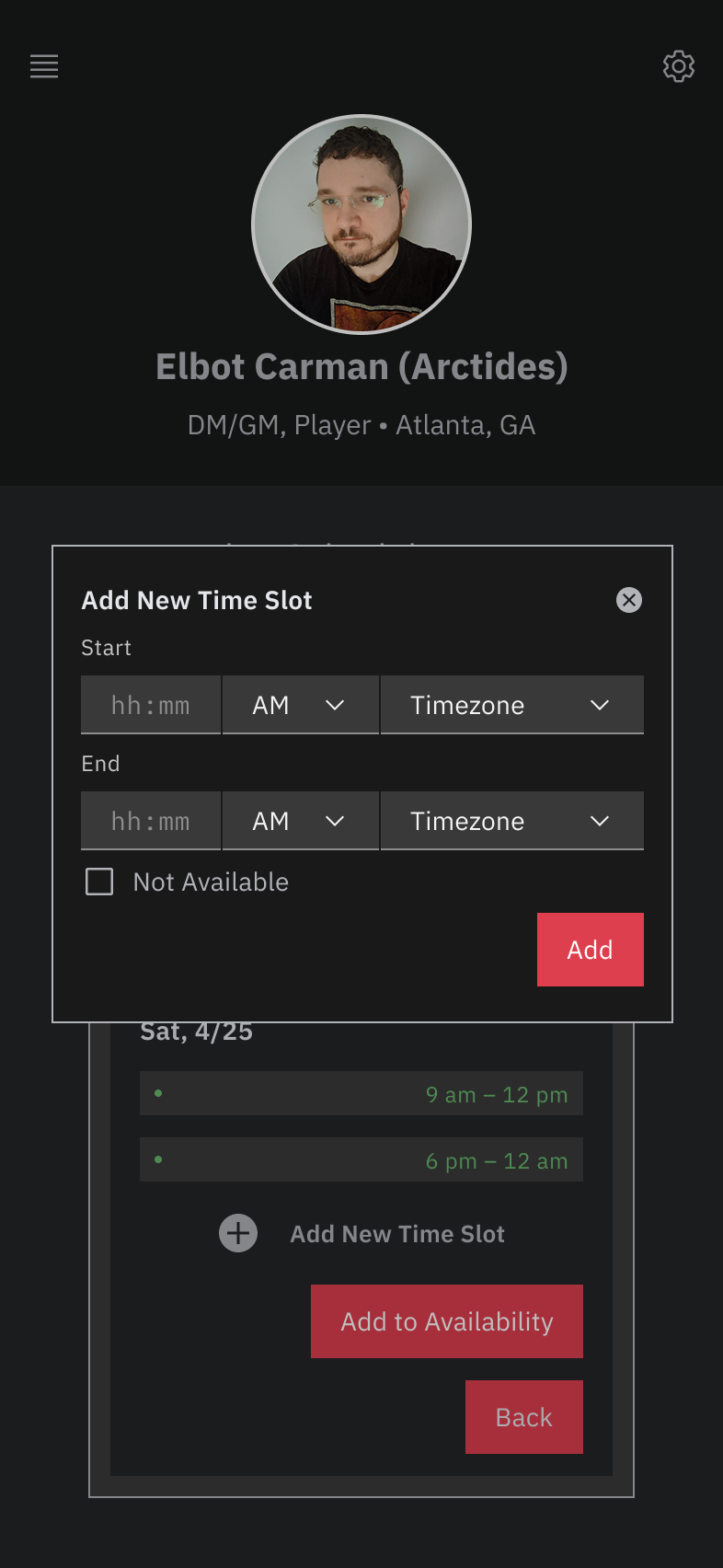 Users can enter a time range, or specify that they're not available.