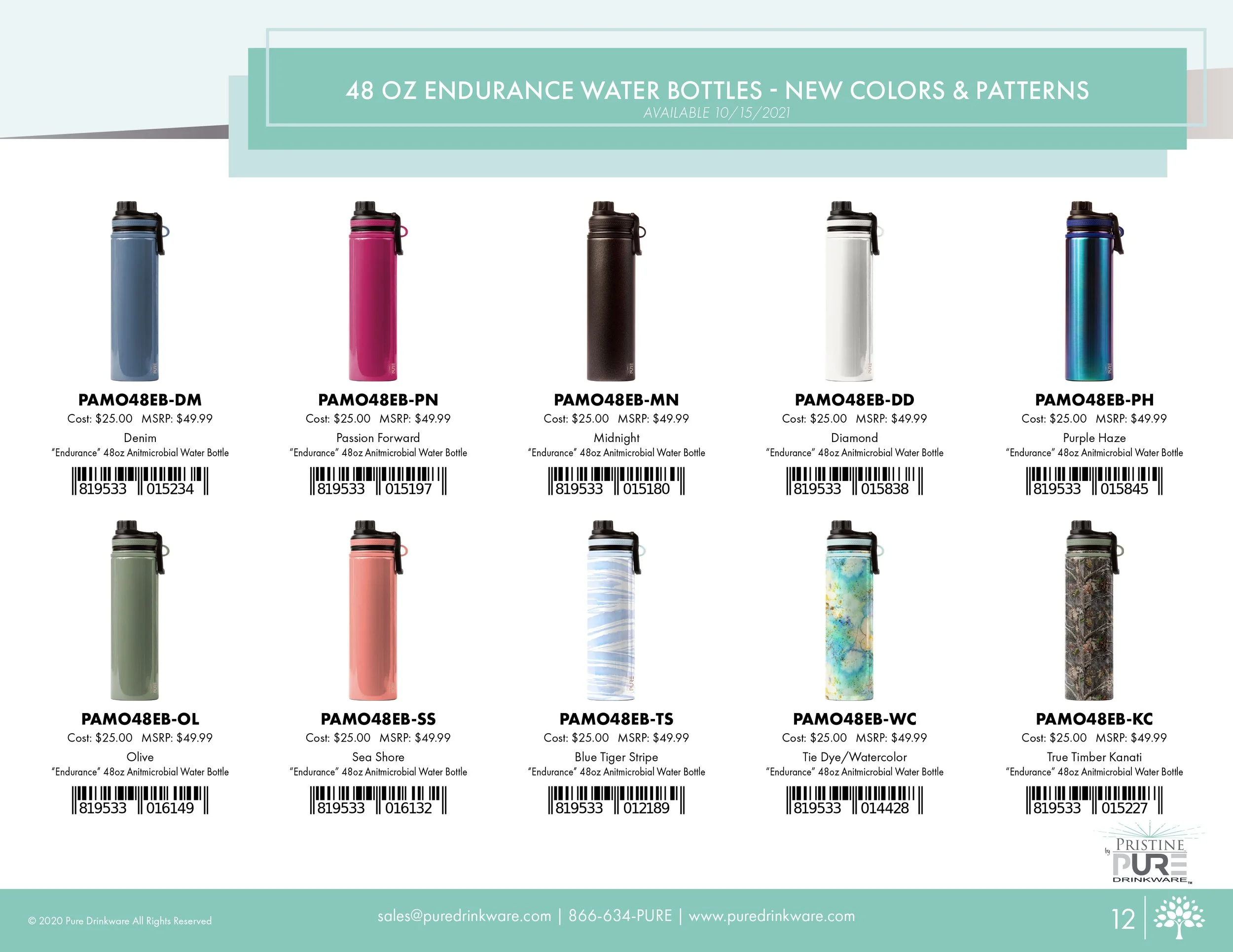 "48 oz Endurance Water Bottles" product page showing new colors and patterns available 10/15/2021: Denim, Passion Forward, Midnight, Diamond, Purple Haze, Olive, Sea Shore, Blue Tiger Stripe, Tie Dye/Watercolor, and True Timber Kanati, each with a co