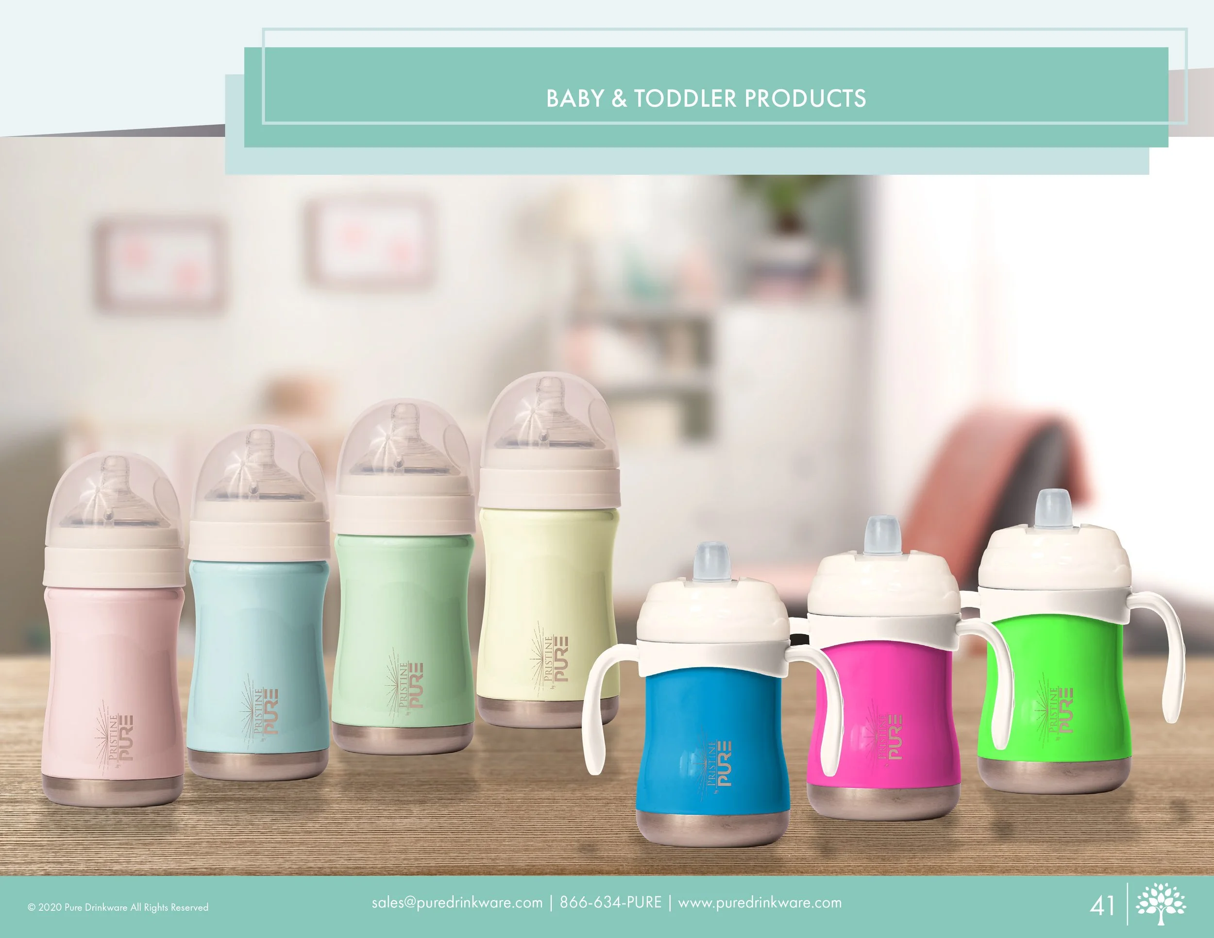 Baby & Toddler Products section showing a group shot of four baby bottles in pastel pink, blue, green, and yellow, alongside three sippy cups with handles in bright blue, pink, and green, set against a blurred background of a baby's nursery.