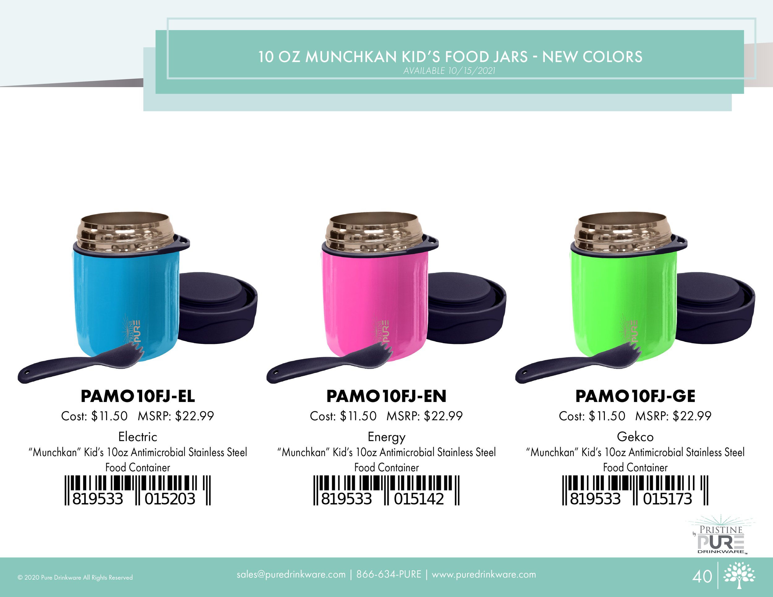 "10 oz Munchkan Kid's Food Jars" product page showing new colors available 10/15/2021: Electric, Energy, and Gekco, each with a cost of $11.50 and MSRP of $22.99, including barcodes.