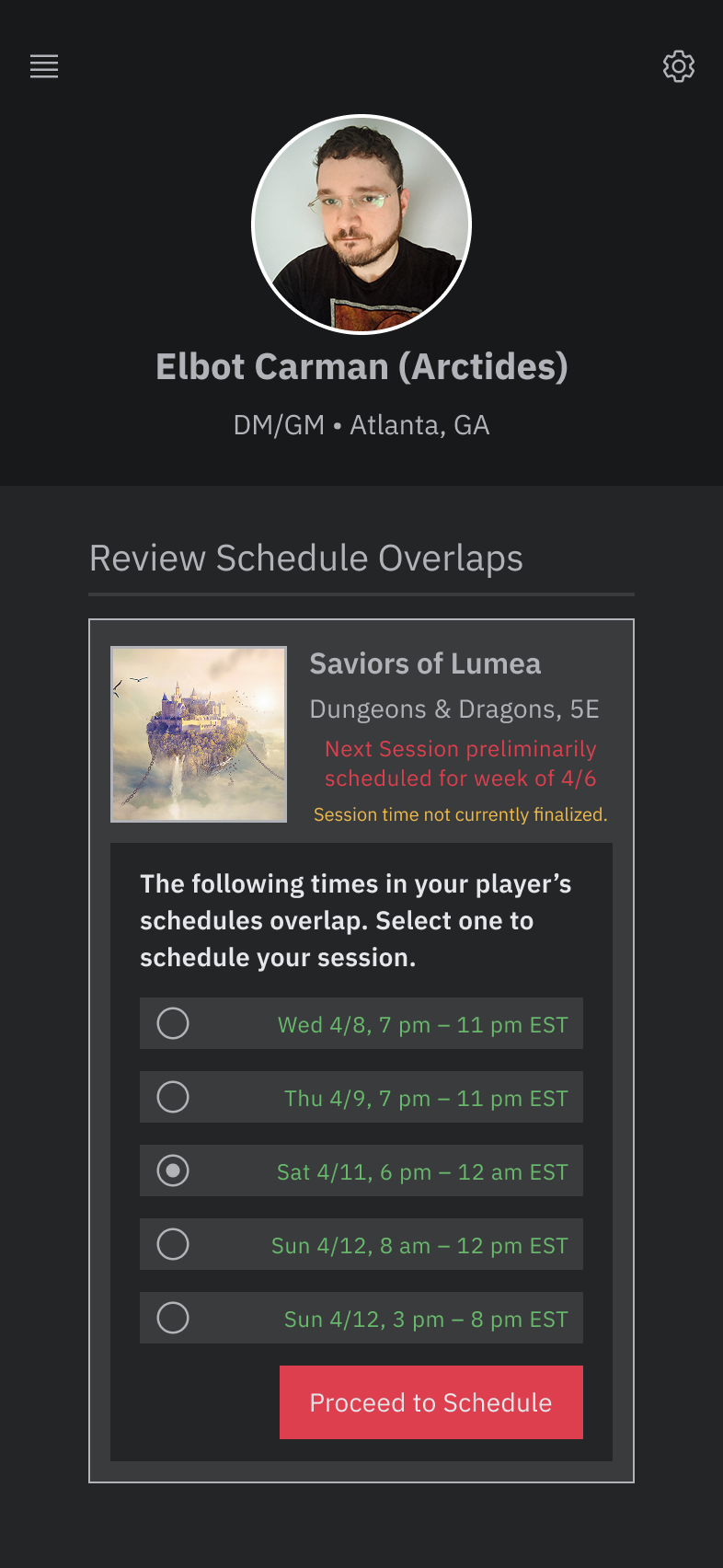 If players' schedules overlap, PALBETTO will display the time slots where they do. From there, the DM can select a day and time slot to finalize scheduling their session.