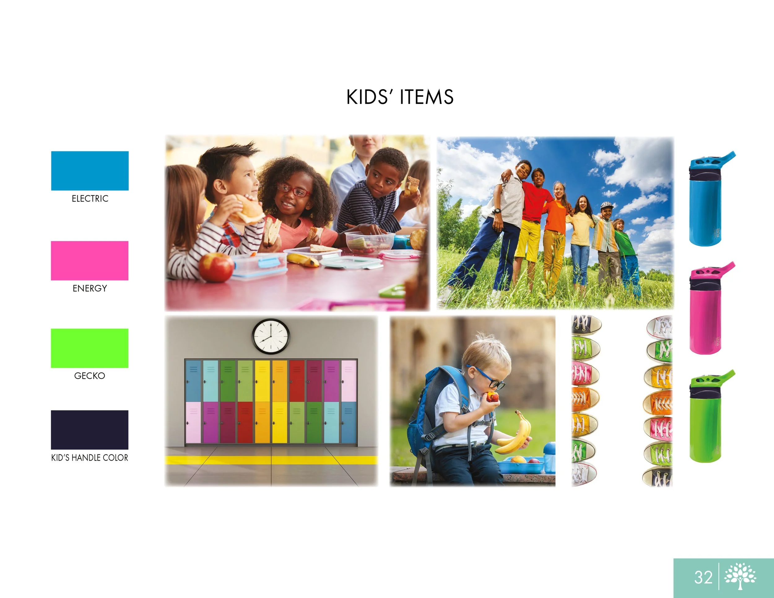 Kids' Items color and lifestyle collage featuring three main color options—Electric blue, Energy pink, and Gecko green, alongside photos of children eating at school, playing outdoors, using lockers, and sitting outside holding an apple.